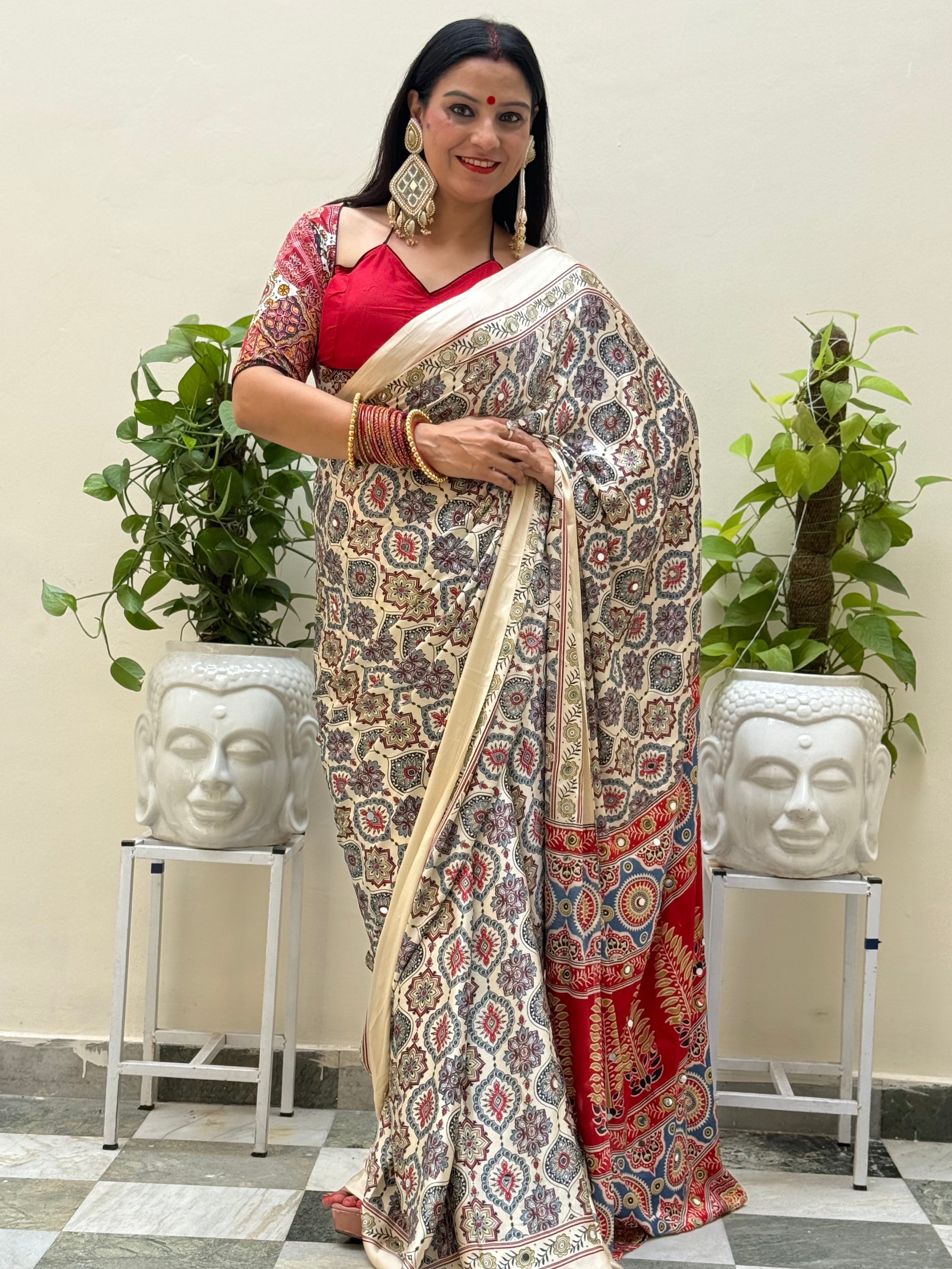Cream Ajrakh Pure Gajji Saree with Mirror Work
