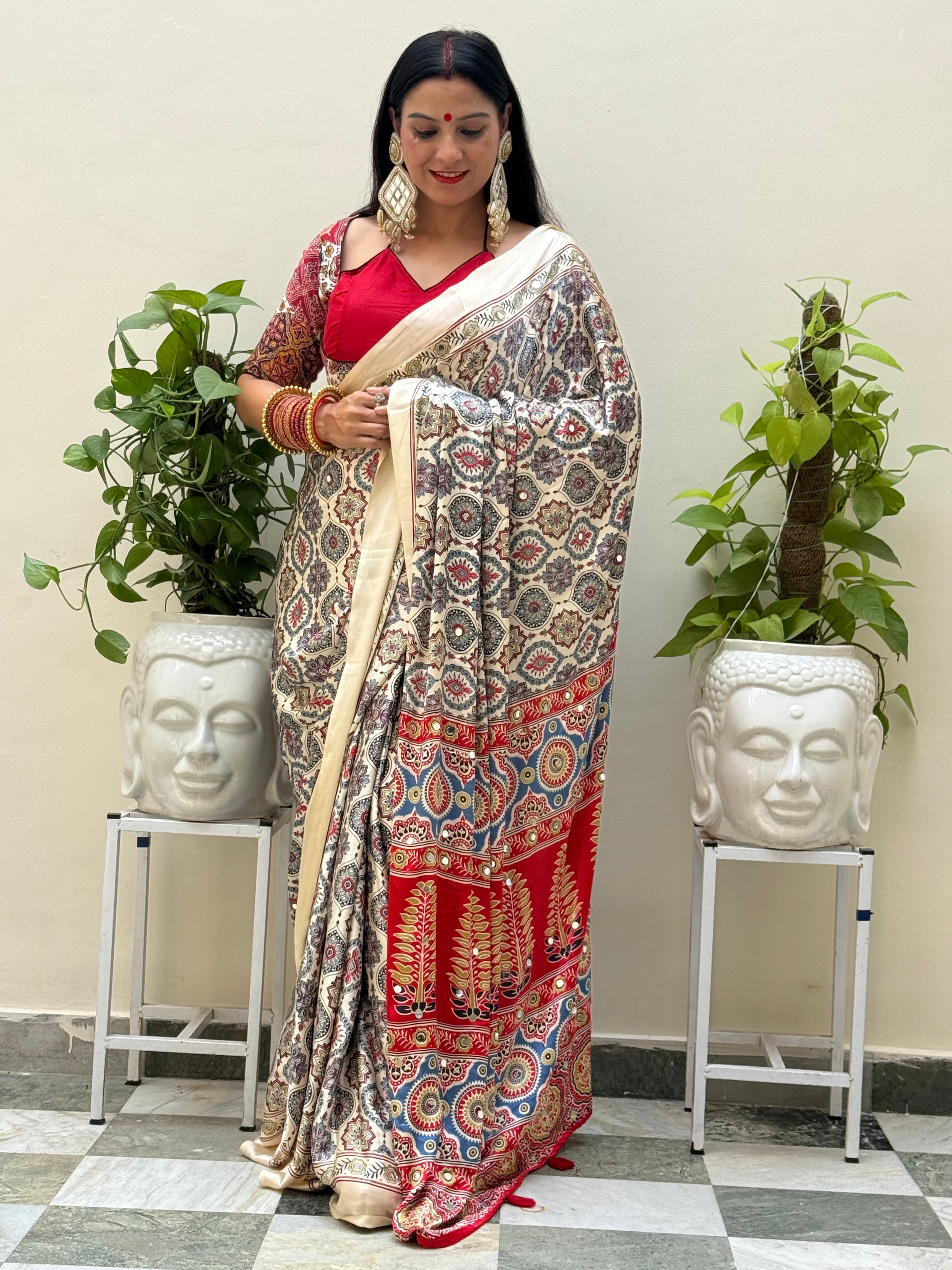 Cream Ajrakh Pure Gajji Saree with Mirror Work