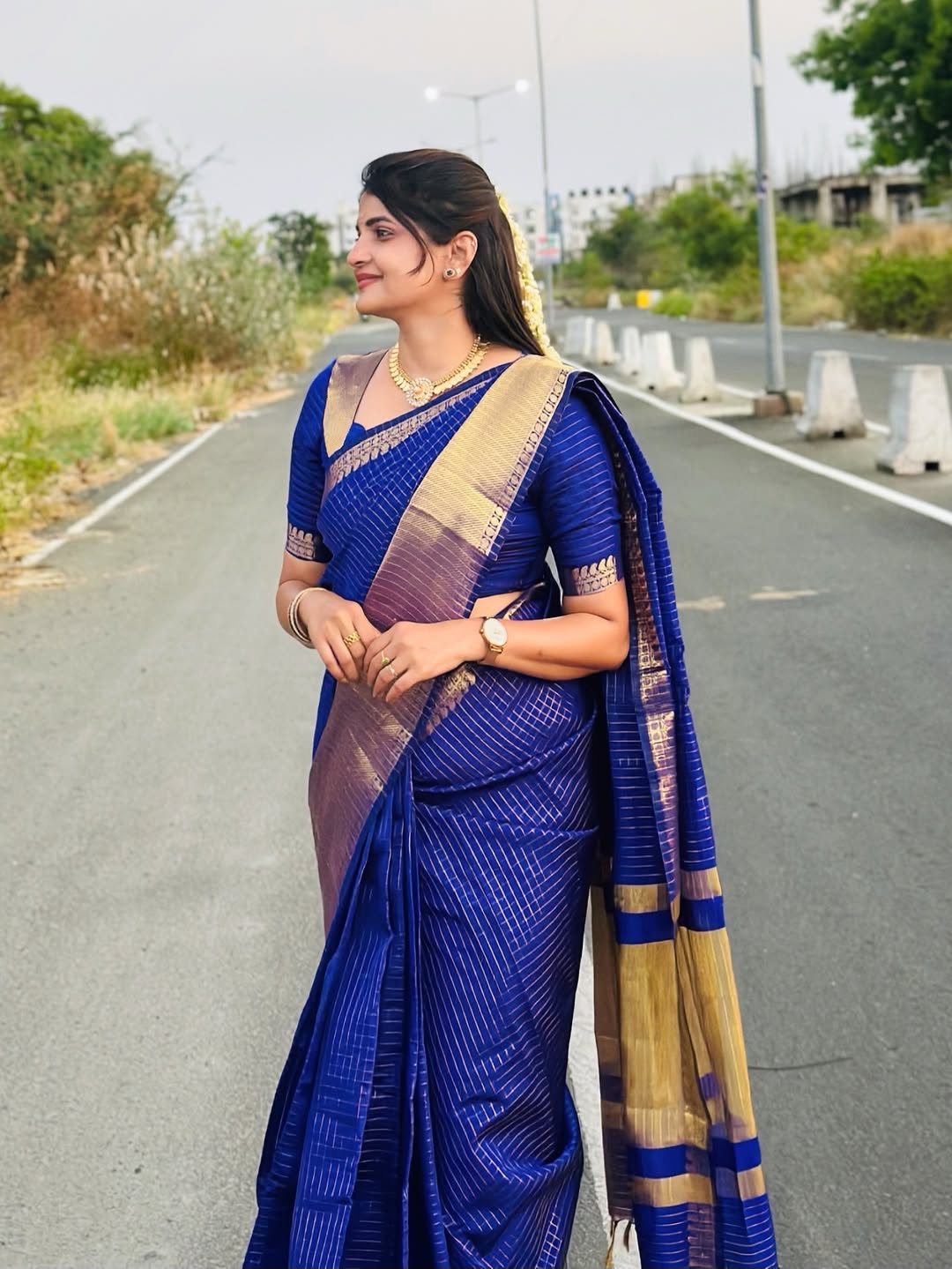 Royal Blue Semi Katan gold zari saree detail