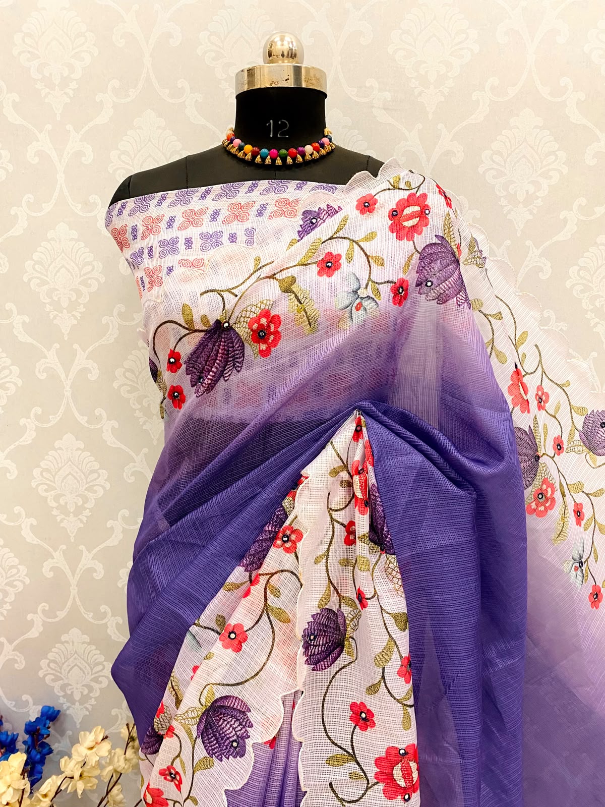 Premium Kota Doria Saree with Padding Print and Mirror Work - Premium Kota Doria With Padding Print and All oer Mirror Work 3