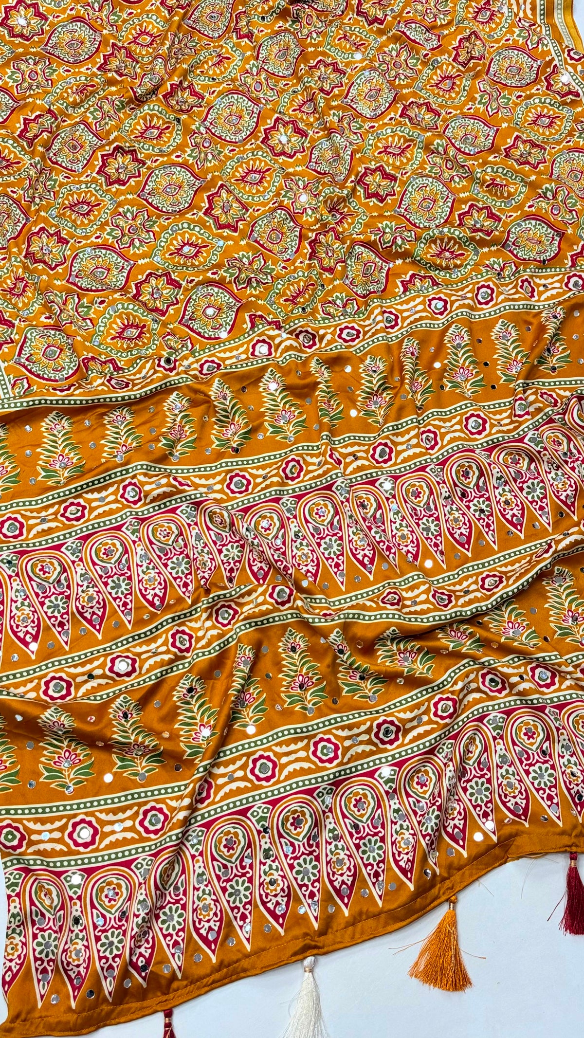 Ajrakh Block Printed Modal Satin Saree with Mirror Work - IMG-20260819-WA0115.jpg
