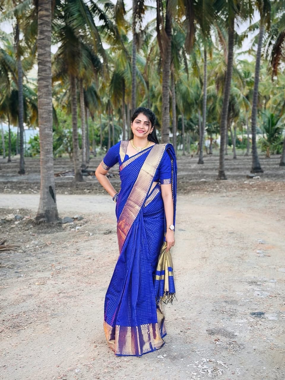 Royal Blue Semi Katan saree with Katan gold zari