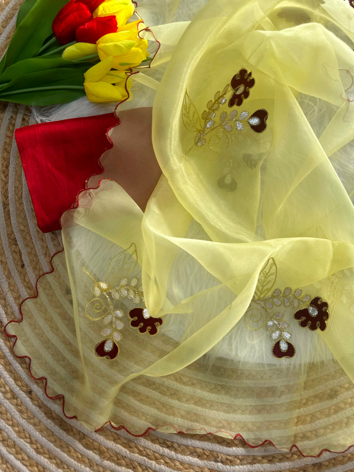 Embroidered Organza Silk Saree with Raw Silk Blouse - Yellow Embroided Organza Silk Saree With Raw Silk Blouse 1
