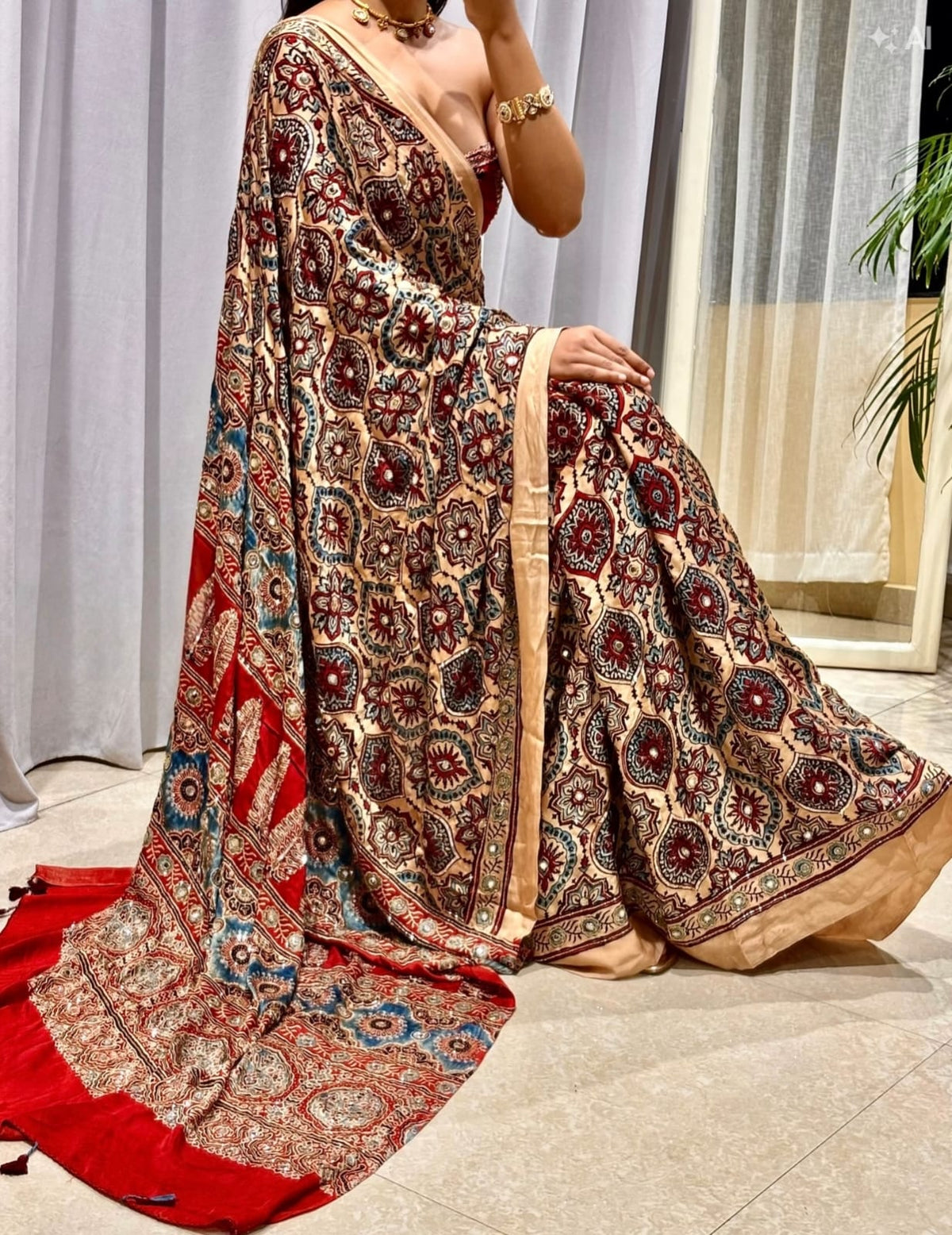 Cream Ajrakh Pure Gajji Saree with Mirror Work - IMG-20260823-WA0146.jpg