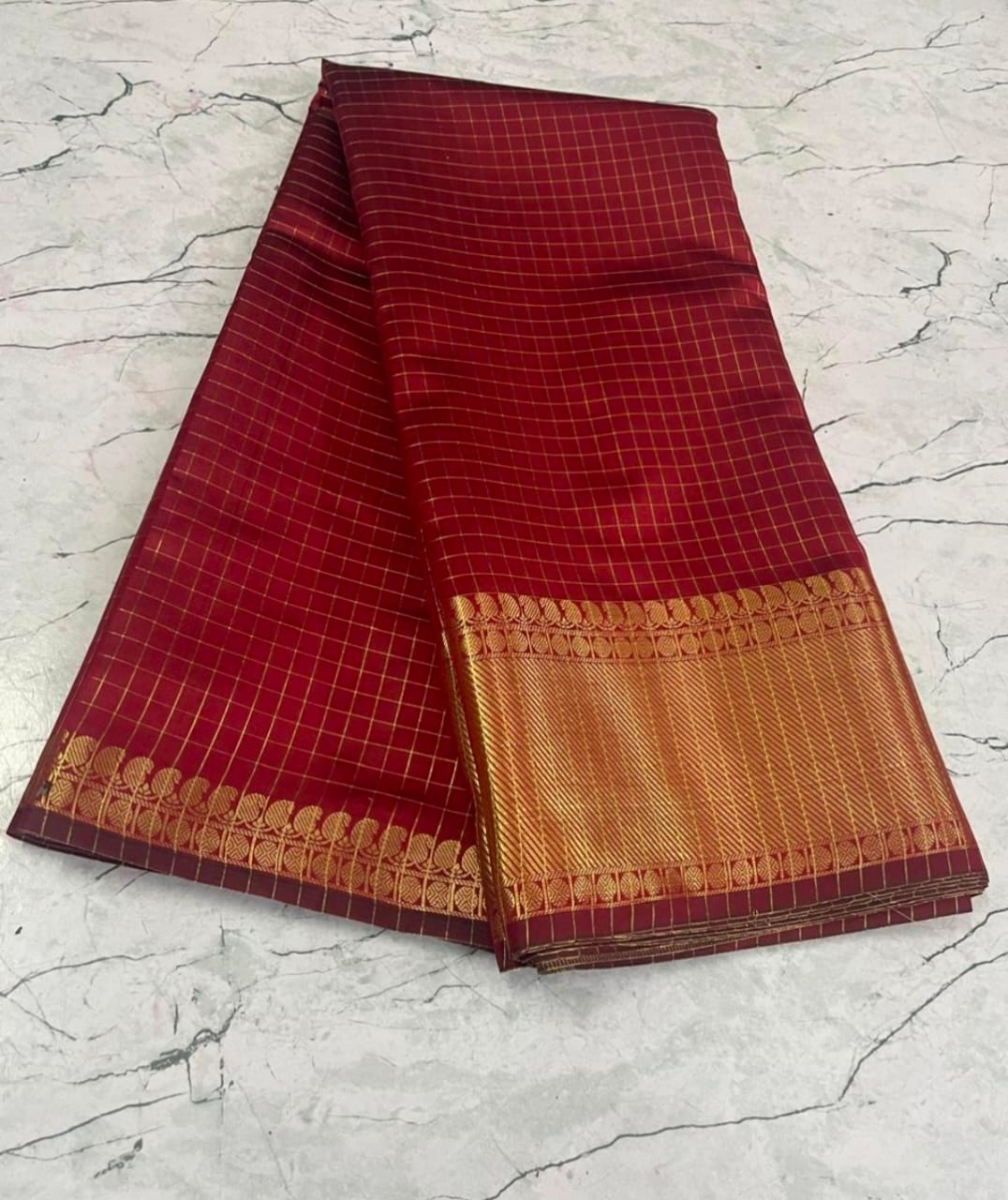 Red Semi Katan saree with Katan gold zari