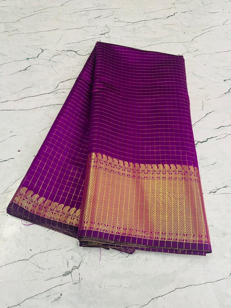 Purple Semi Katan saree with Katan gold zari