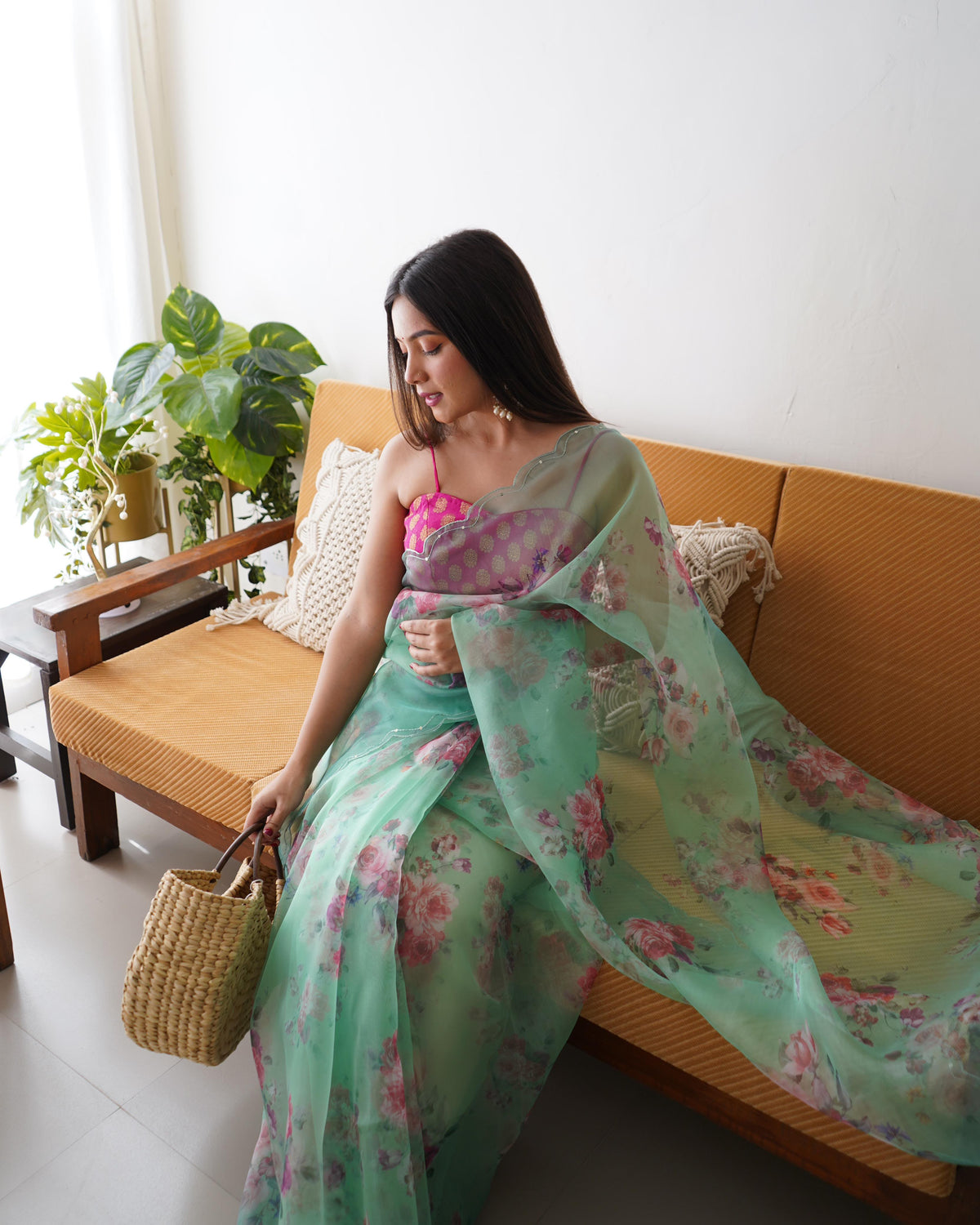 Organza Silk Saree with Floral Print and Raw Silk Blouse - Turquoise Blue Organza Silk Saree With Floral Print and Raw Silk Blouse 2