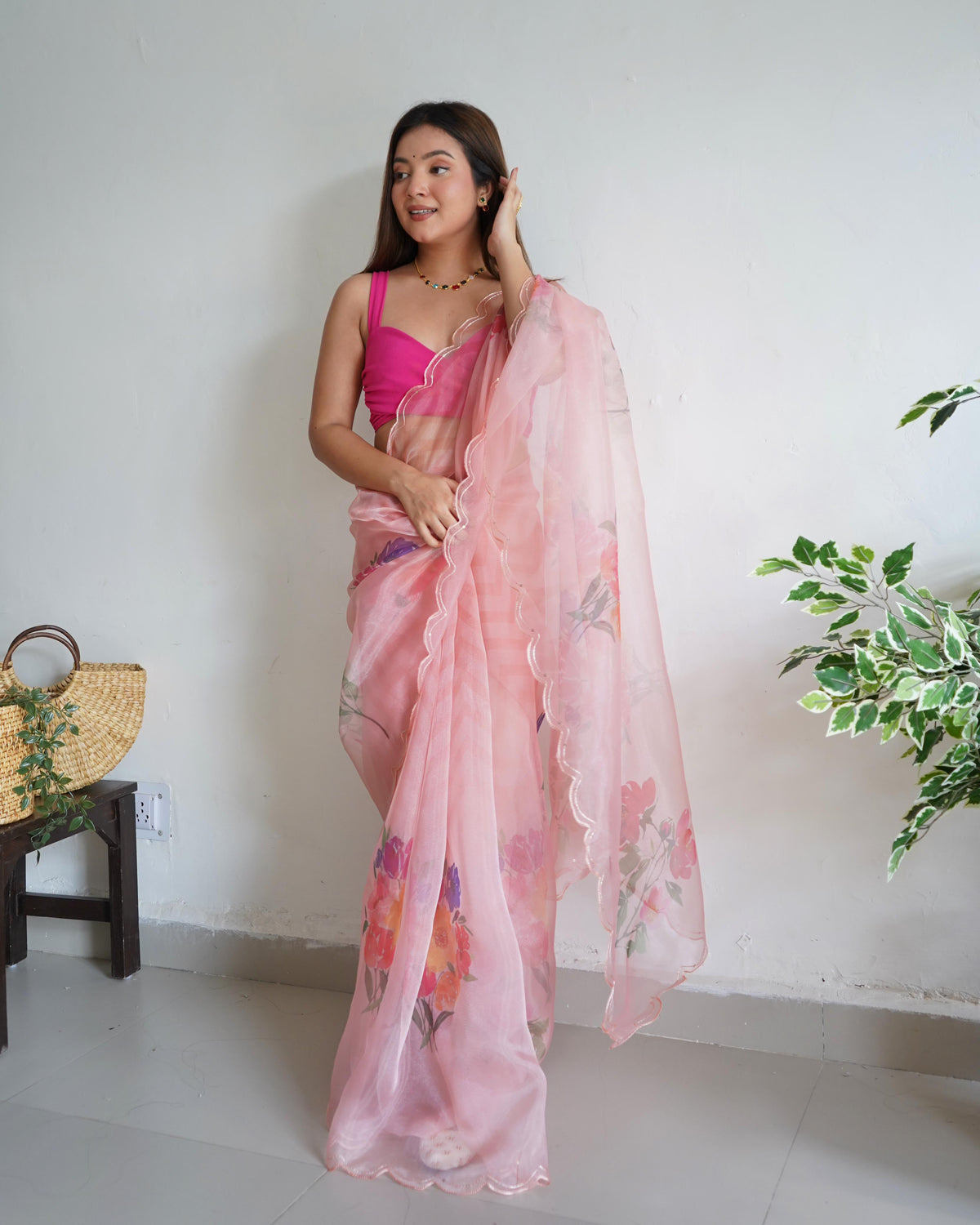 Organza Silk Saree with Floral Print and Raw Silk Blouse - Peach Organza Silk Saree With Floral Print and Raw Silk Blouse 1