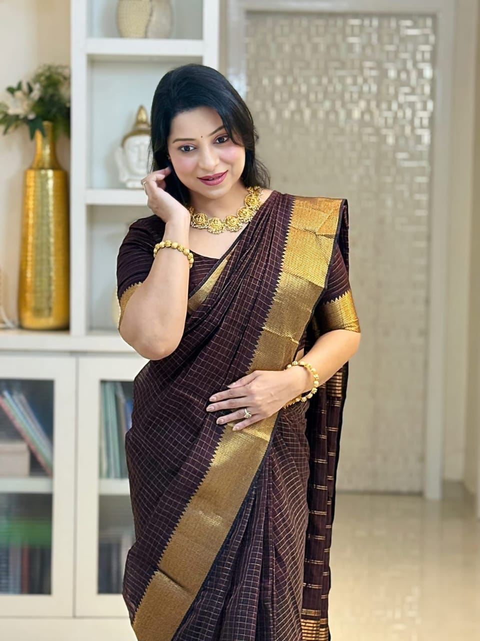 Wine Semi Katan gold zari saree view