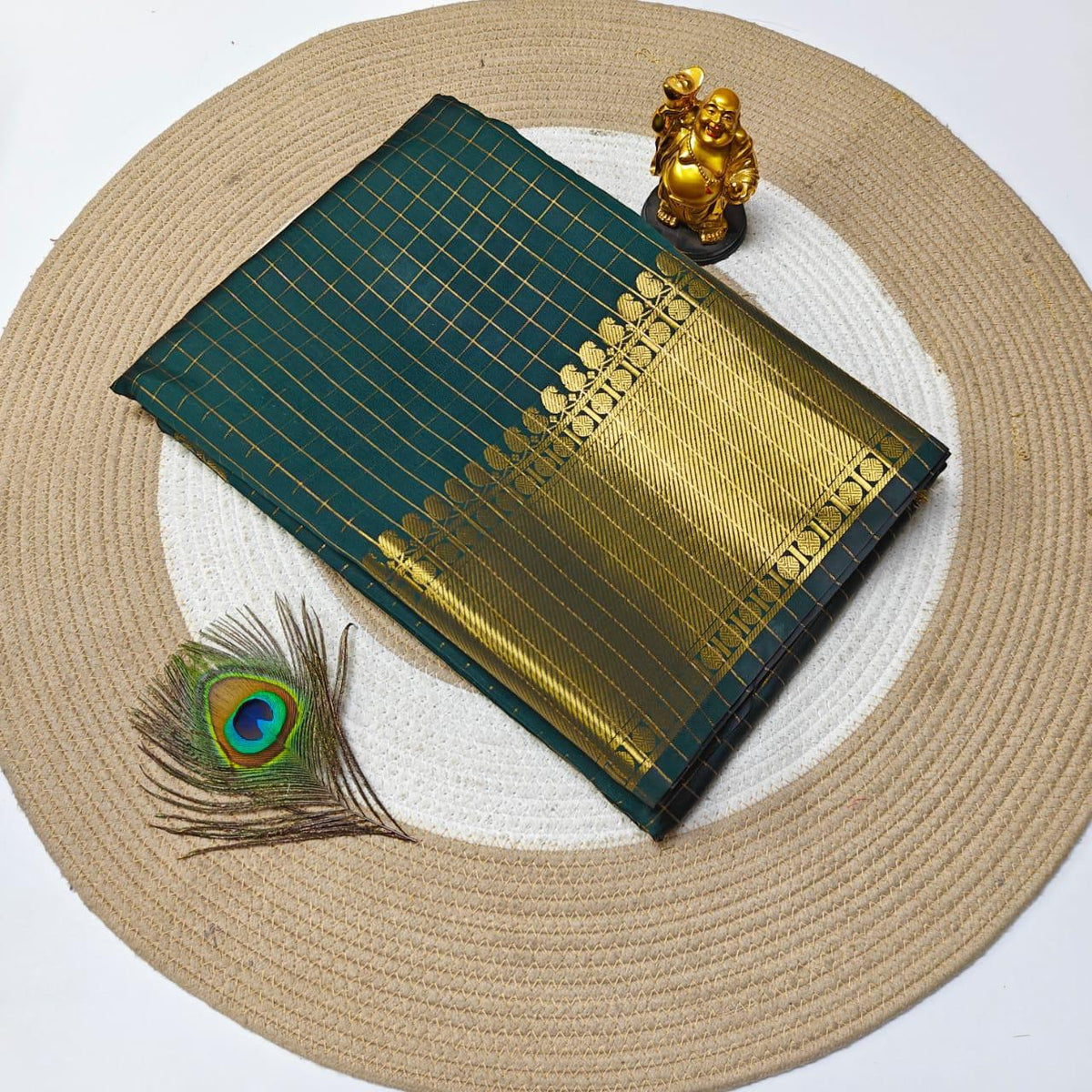 Peacock Semi Katan saree with Katan gold zari