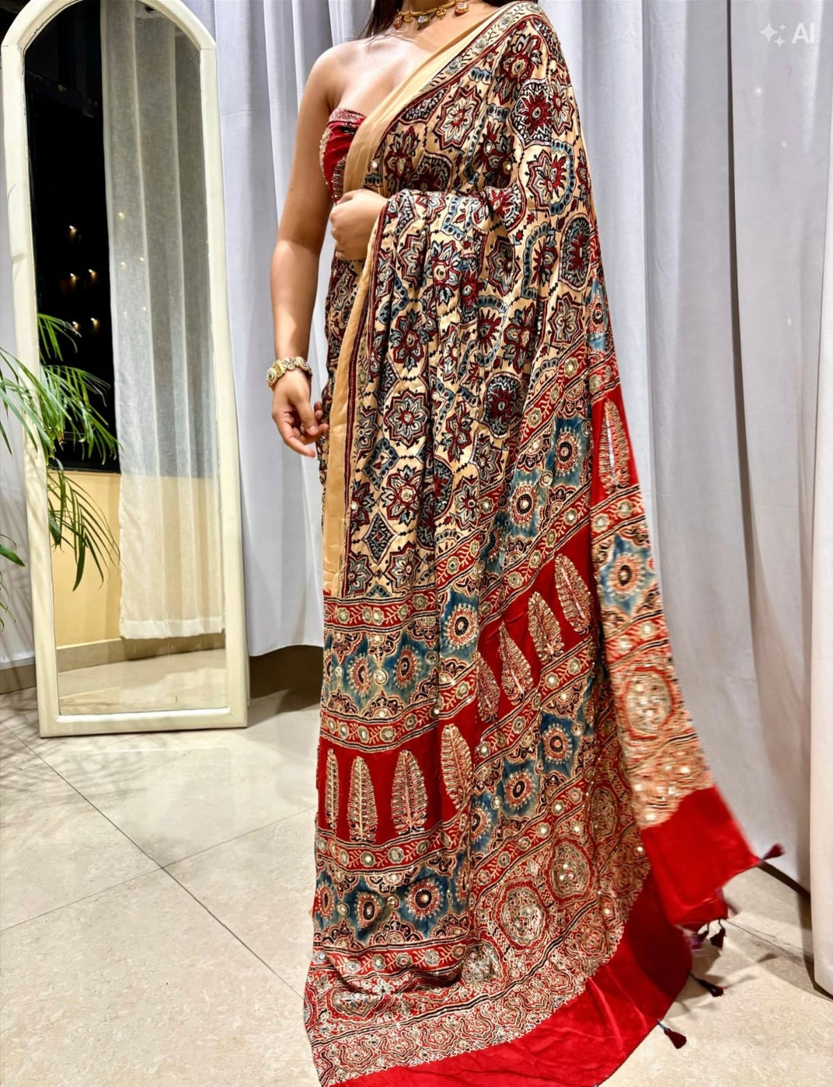 Cream Ajrakh Pure Gajji Saree with Mirror Work - IMG-20260823-WA0153.jpg