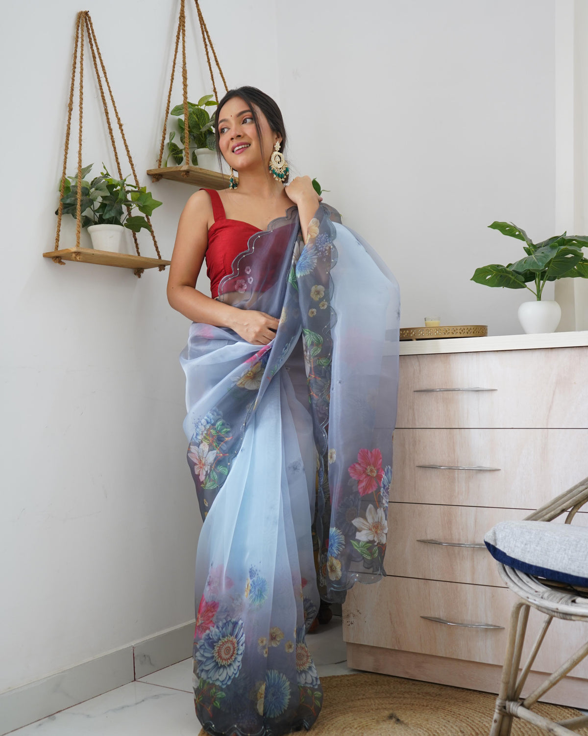 Organza Silk Saree with Floral Print and Raw Silk Blouse - Coin Grey Organza Silk Saree With Floral Print and Raw Silk Blouse