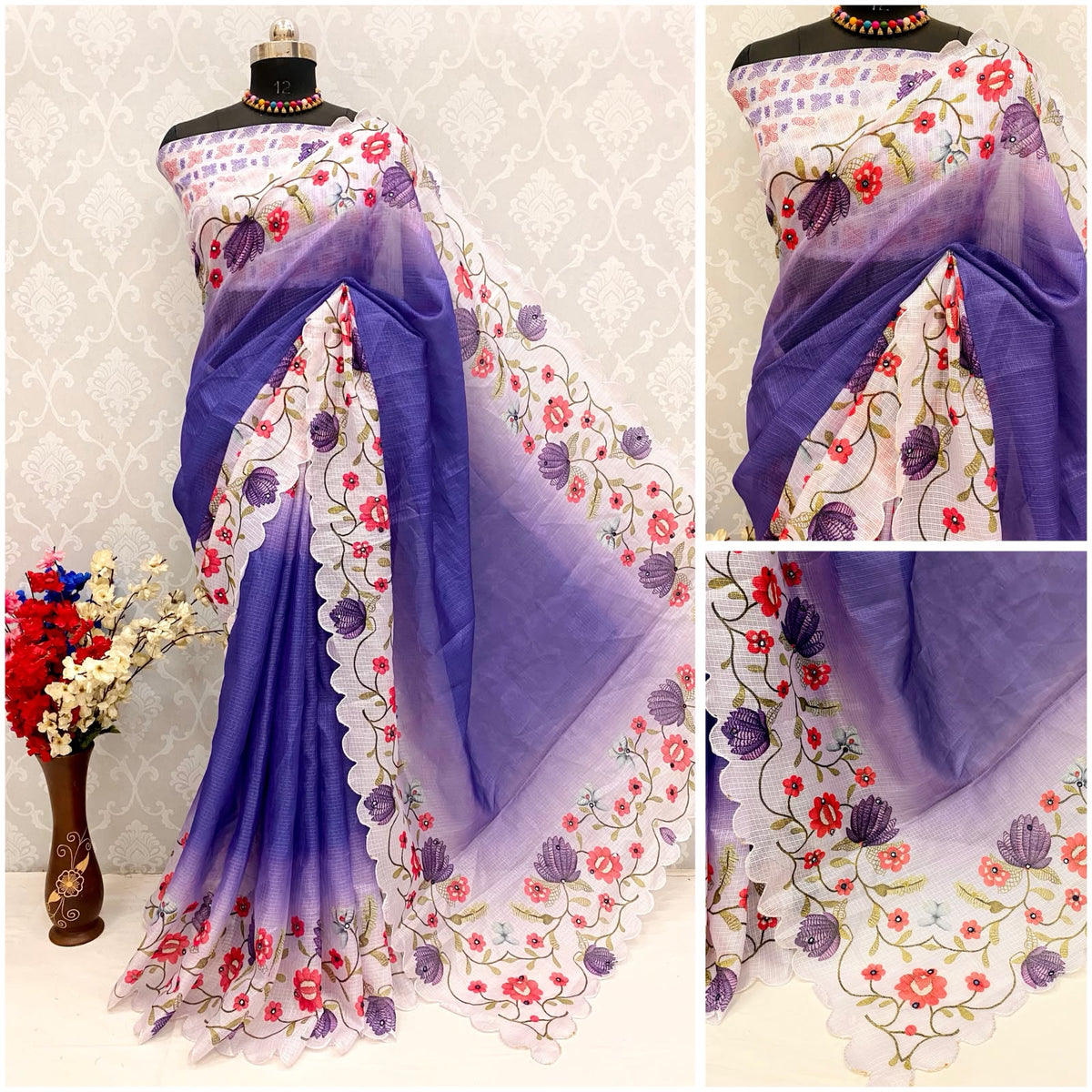 Premium Kota Doria Saree with Padding Print and Mirror Work - Premium Kota Doria With Padding Print and All oer Mirror Work 1