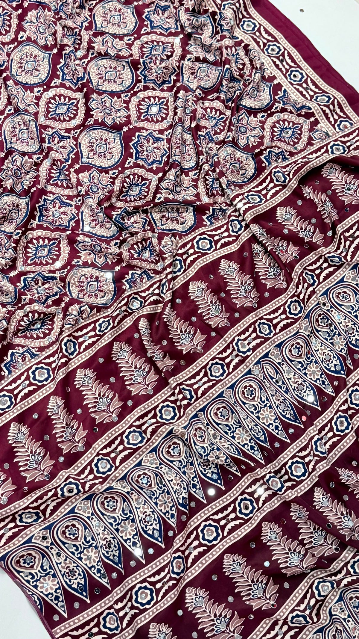 Ajrakh Block Printed Modal Satin Saree with Mirror Work - IMG-20260818-WA0089.jpg