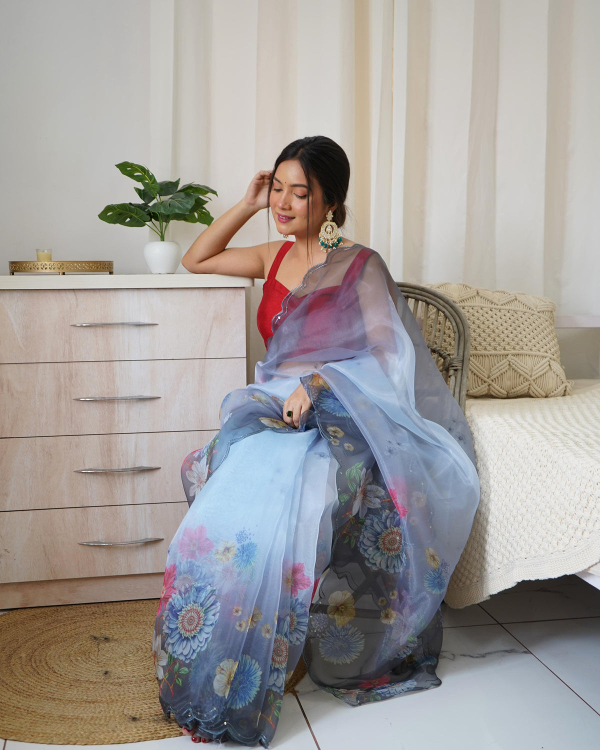 Organza Silk Saree with Floral Print and Raw Silk Blouse - Coin Grey Organza Silk Saree With Floral Print and Raw Silk Blouse
