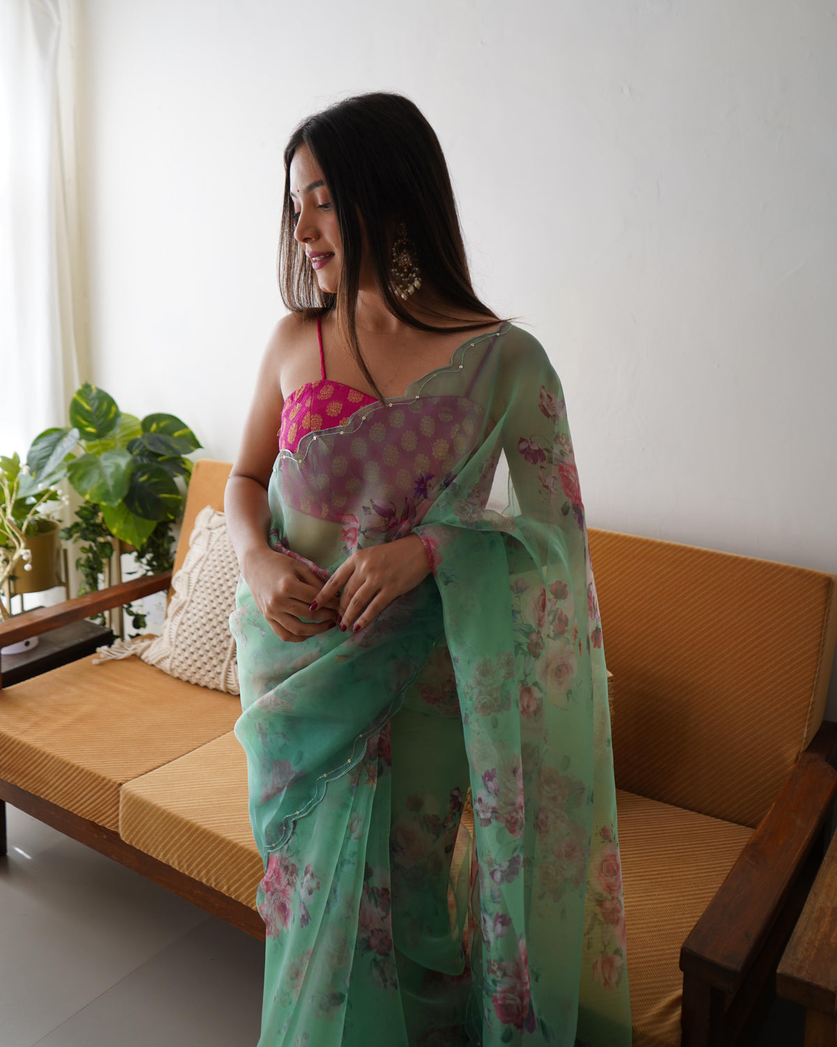 Organza Silk Saree with Floral Print and Raw Silk Blouse - Turquoise Blue Organza Silk Saree With Floral Print and Raw Silk Blouse 1