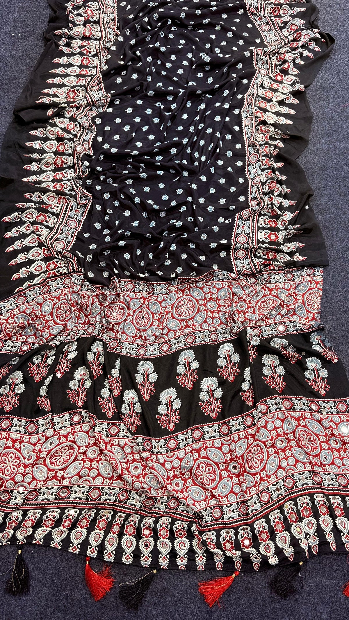 Black Ajrakh Print Moss Satin Saree with Mirror Work - IMG-20260819-WA0054(1).jpg