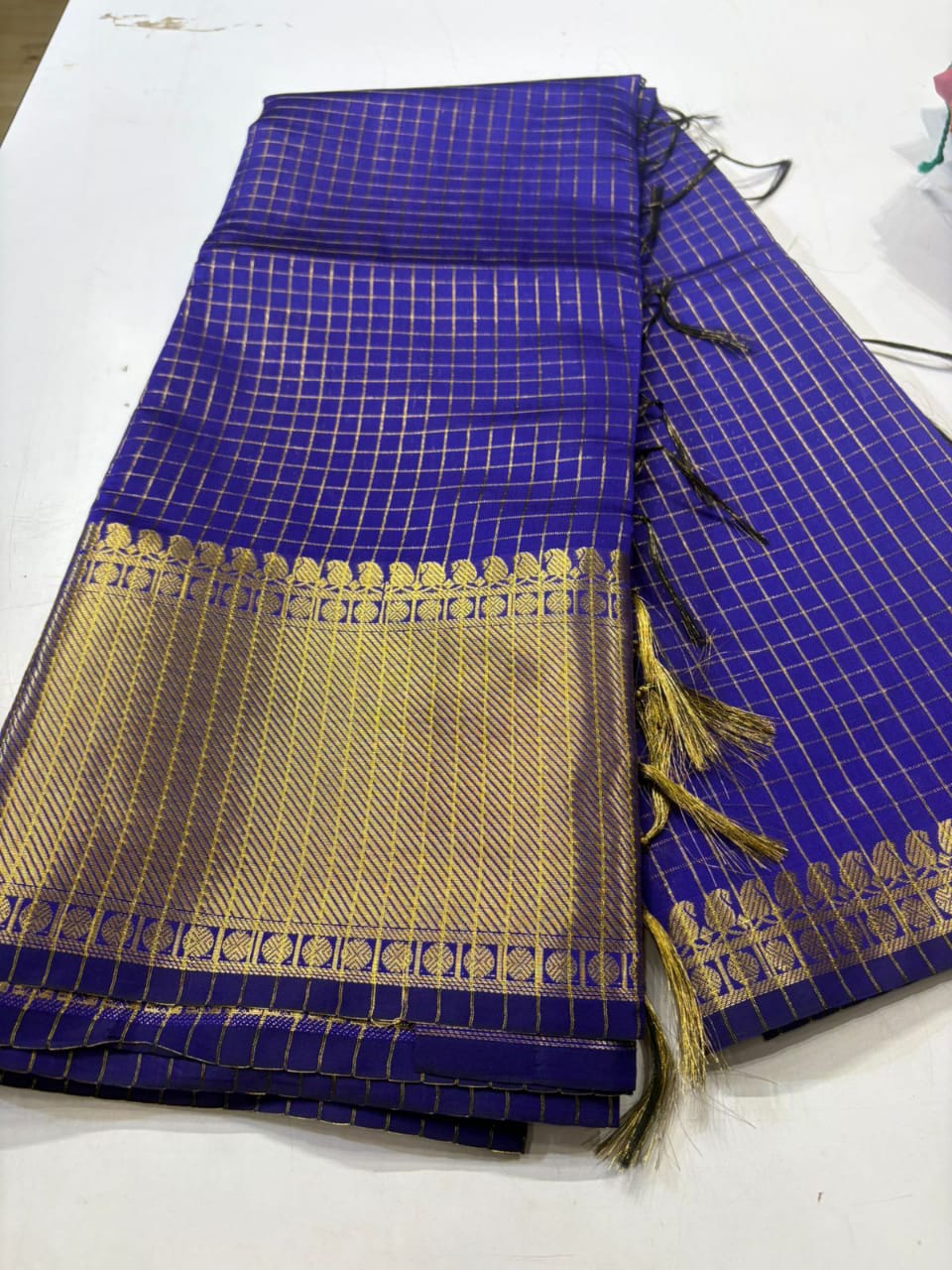 Royal Blue Semi Katan gold zari saree full view