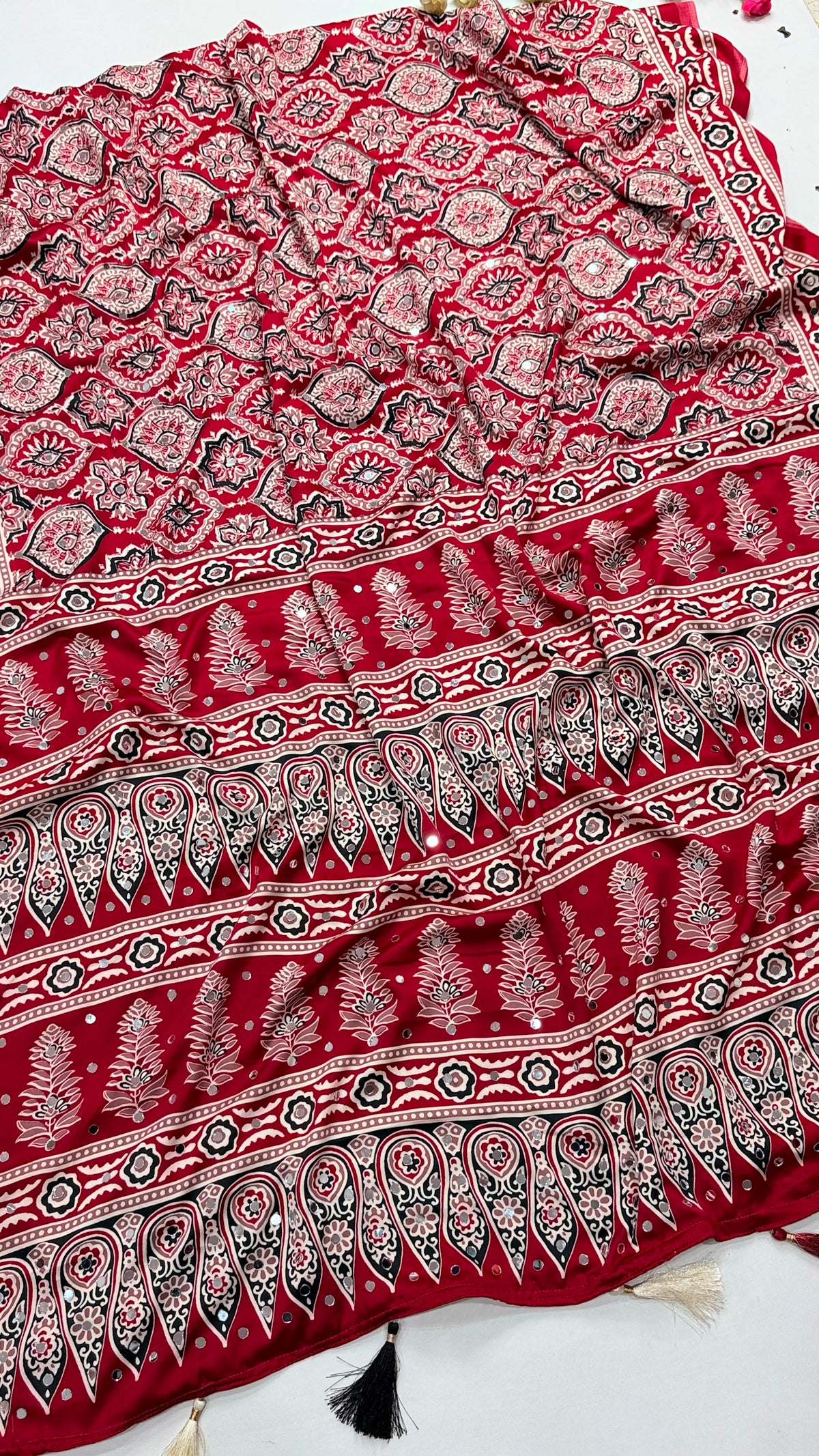 Ajrakh Block Printed Modal Satin Saree with Mirror Work - IMG-20260819-WA0112.jpg