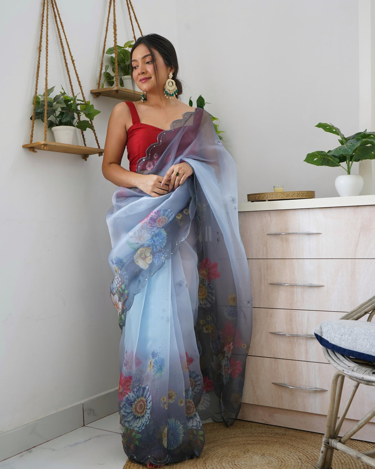Organza Silk Saree with Floral Print and Raw Silk Blouse - Coin Grey Organza Silk Saree With Floral Print and Raw Silk Blouse 4