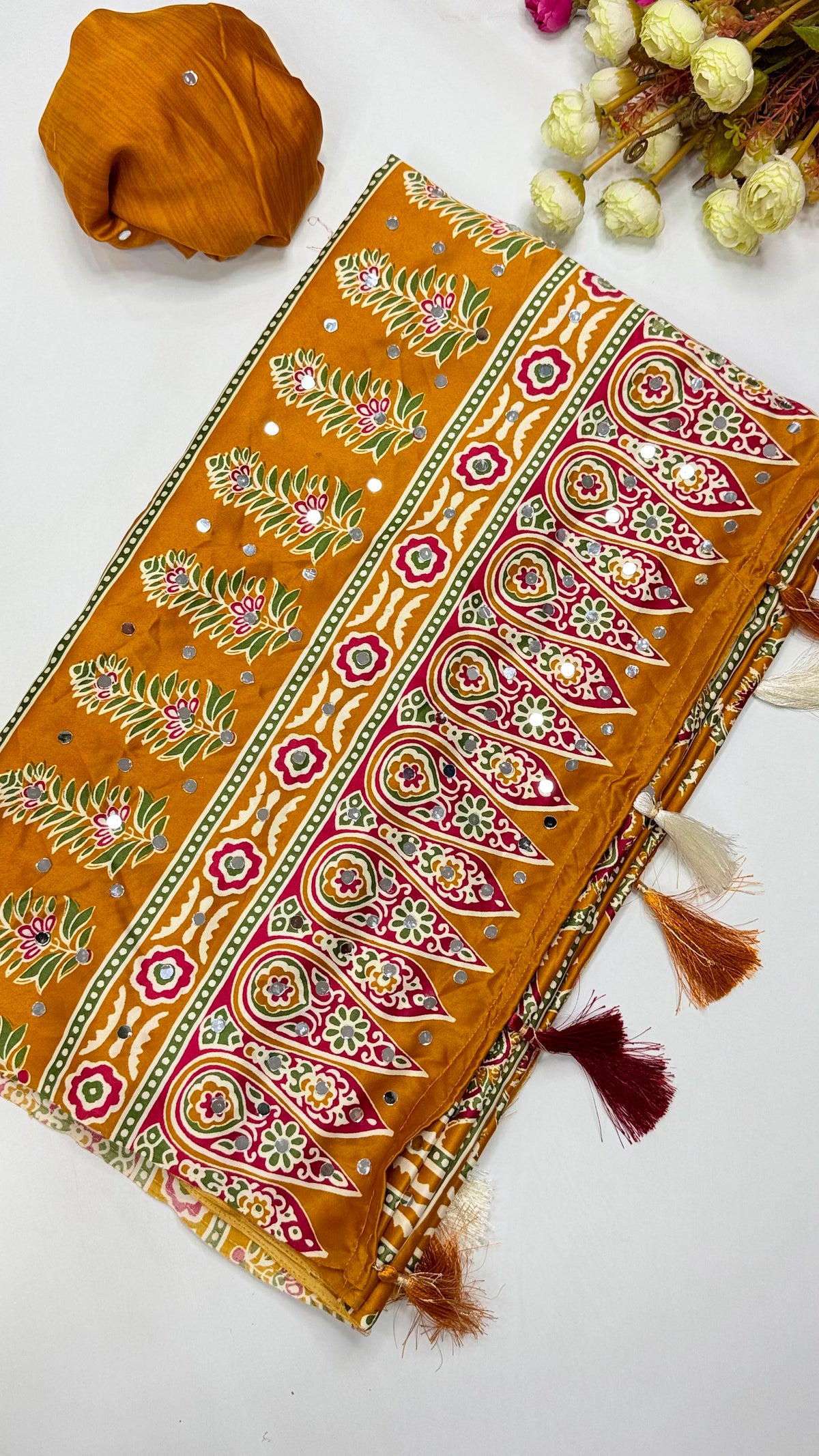 Ajrakh Block Printed Modal Satin Saree with Mirror Work - IMG-20260819-WA0114.jpg