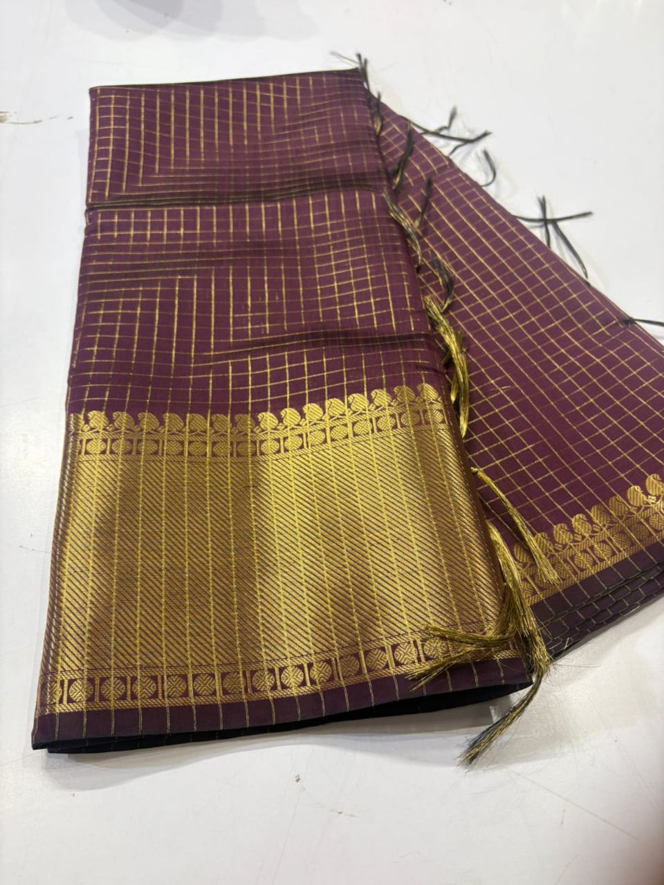 Wine Semi Katan gold zari saree detail