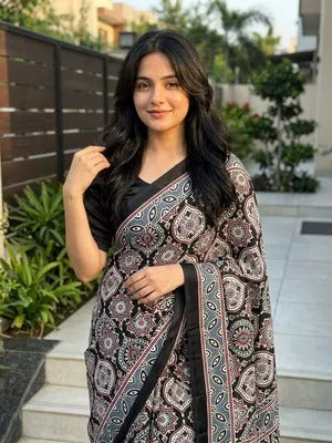 Black Ajrakh Hand Printed Satin Saree - IMG-20260807-WA0085.jpg