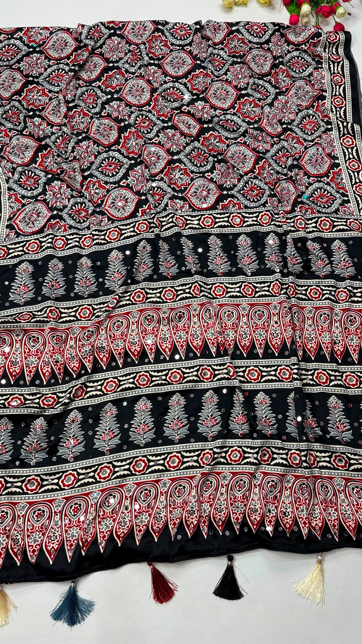 Ajrakh Block Printed Modal Satin Saree with Mirror Work - IMG-20260819-WA0119.jpg