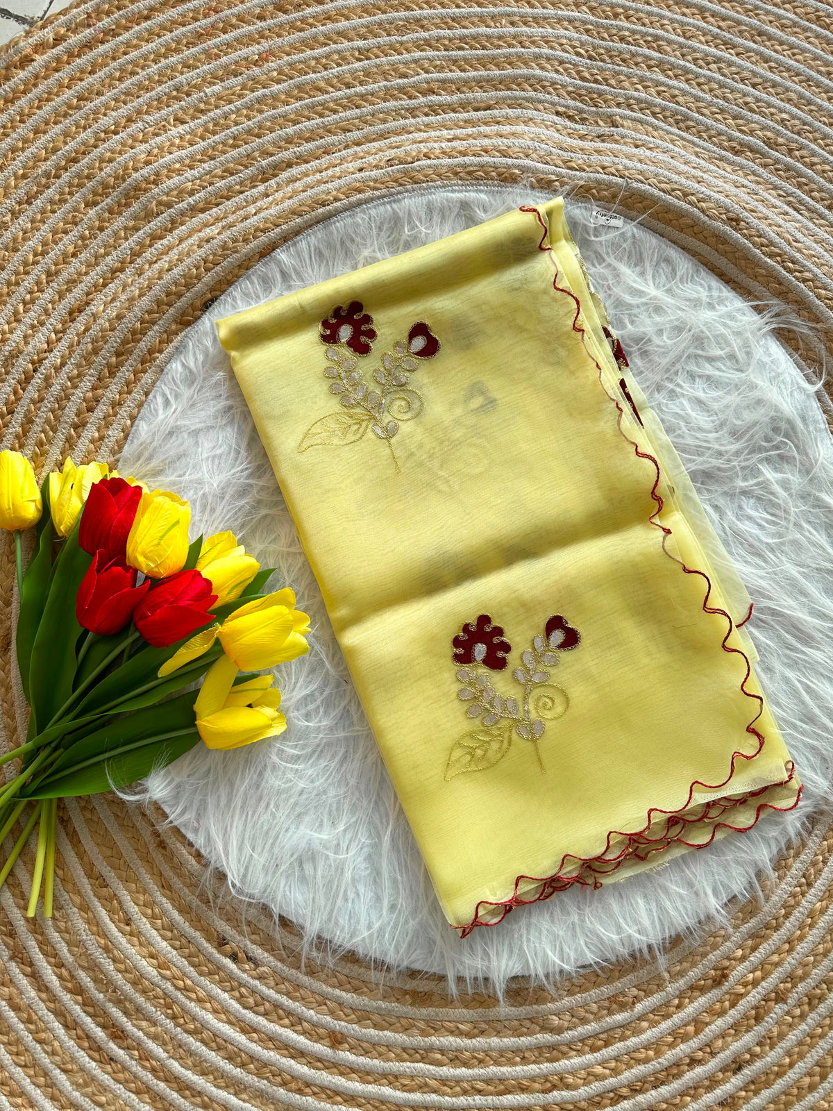 Embroidered Organza Silk Saree with Raw Silk Blouse - Yellow Embroided Organza Silk Saree With Raw Silk Blouse 3