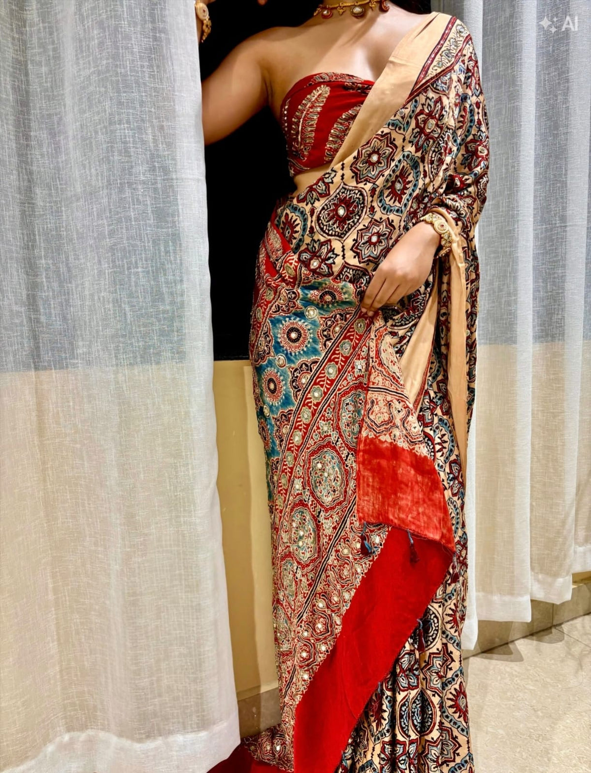 Cream Ajrakh Pure Gajji Saree with Mirror Work - IMG-20260823-WA0152.jpg