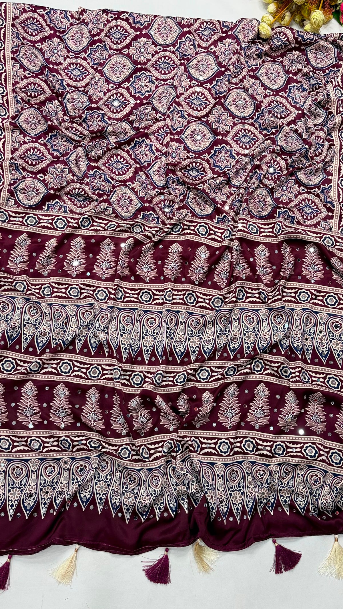 Ajrakh Block Printed Modal Satin Saree with Mirror Work - IMG-20260819-WA0110.jpg