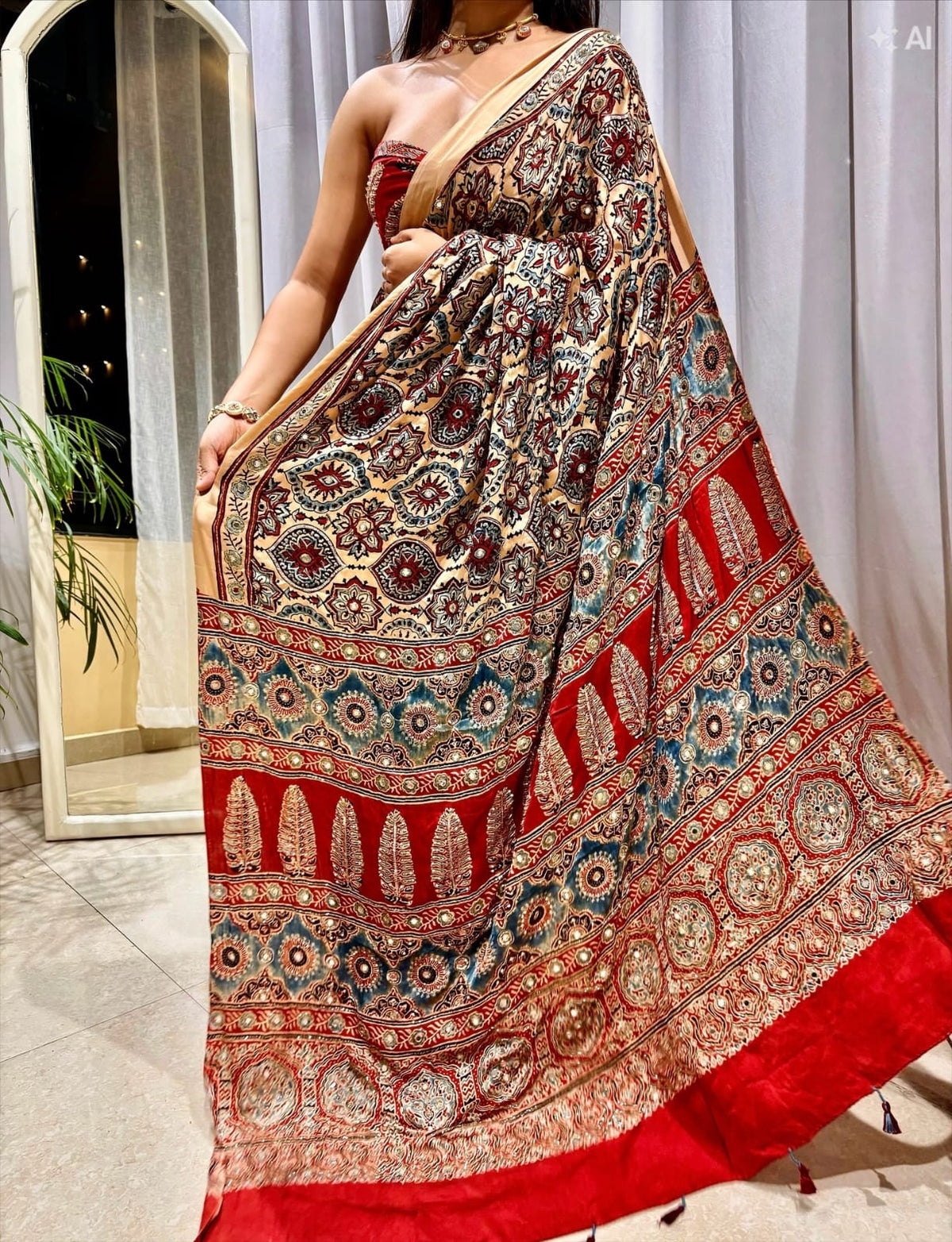 Cream Ajrakh Pure Gajji Saree with Mirror Work - IMG-20260823-WA0145.jpg
