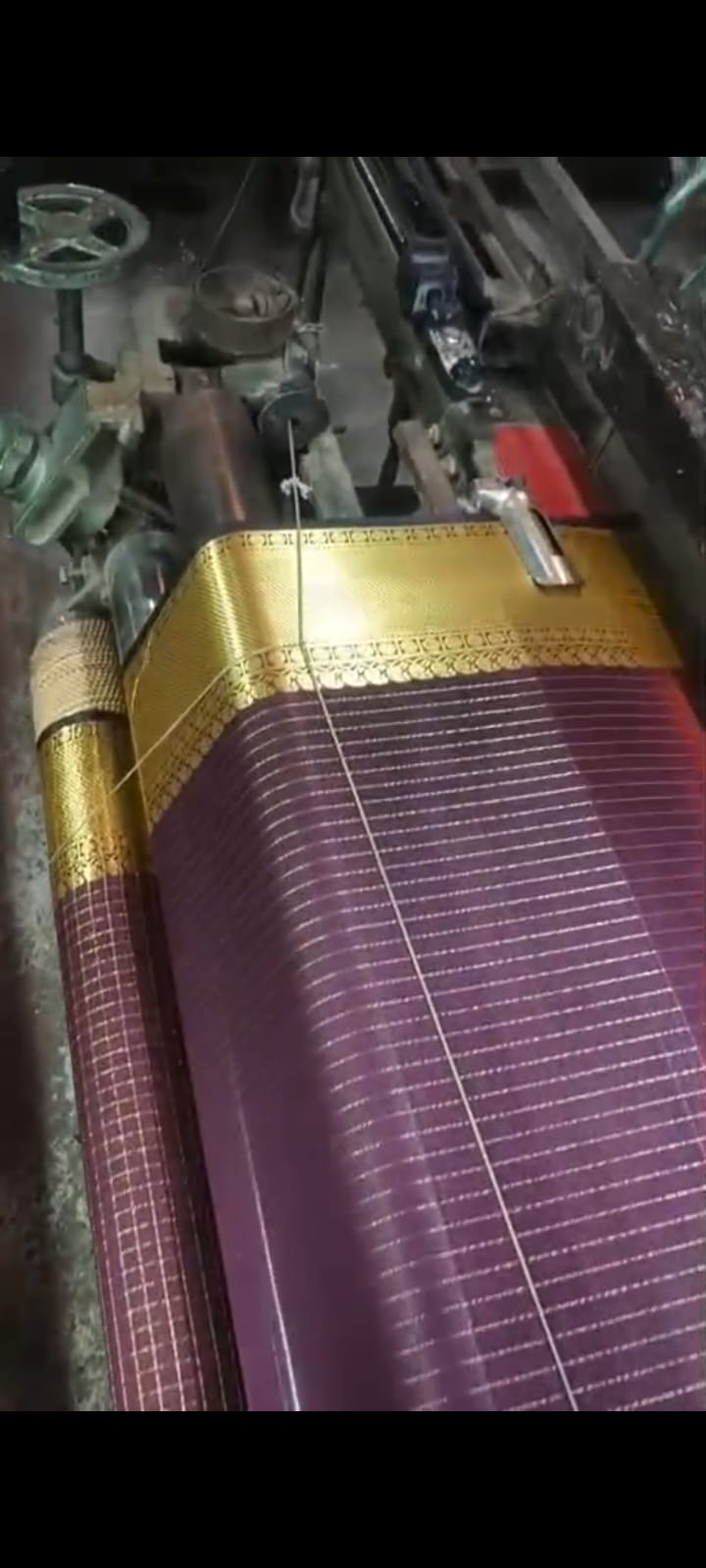 Wine Semi Katan gold zari saree full view