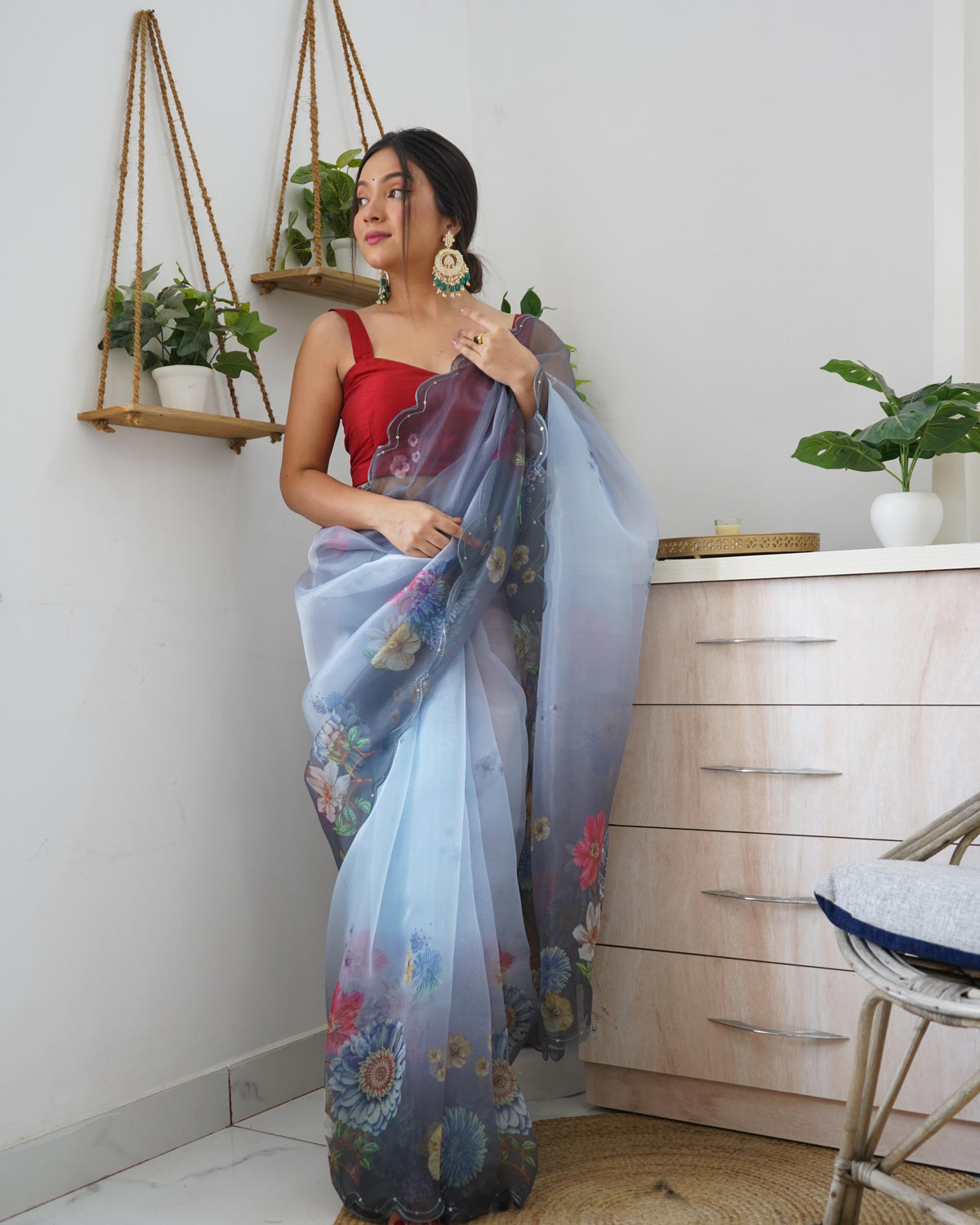 Organza Silk Saree with Floral Print and Raw Silk Blouse - Coin Grey Organza Silk Saree With Floral Print and Raw Silk Blouse 3