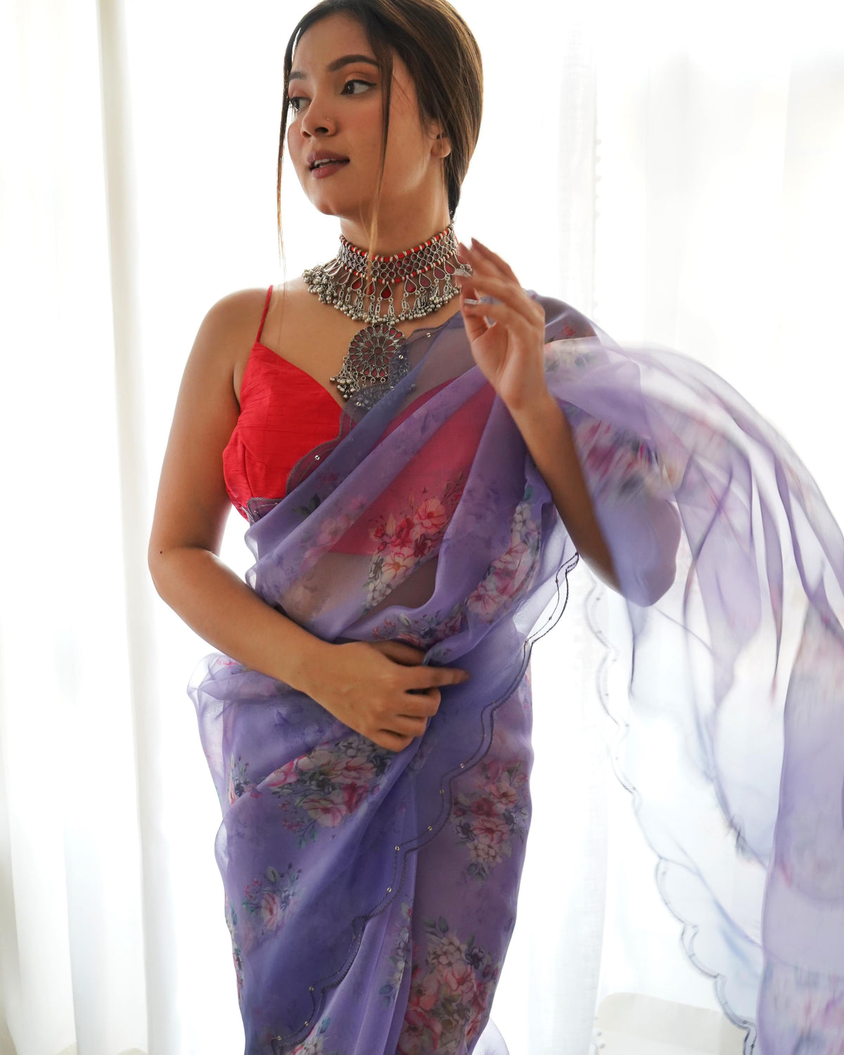 Organza Silk Saree with Floral Print and Raw Silk Blouse - Lavender Organza Silk Saree With Floral Print and Raw Silk Blouse 1