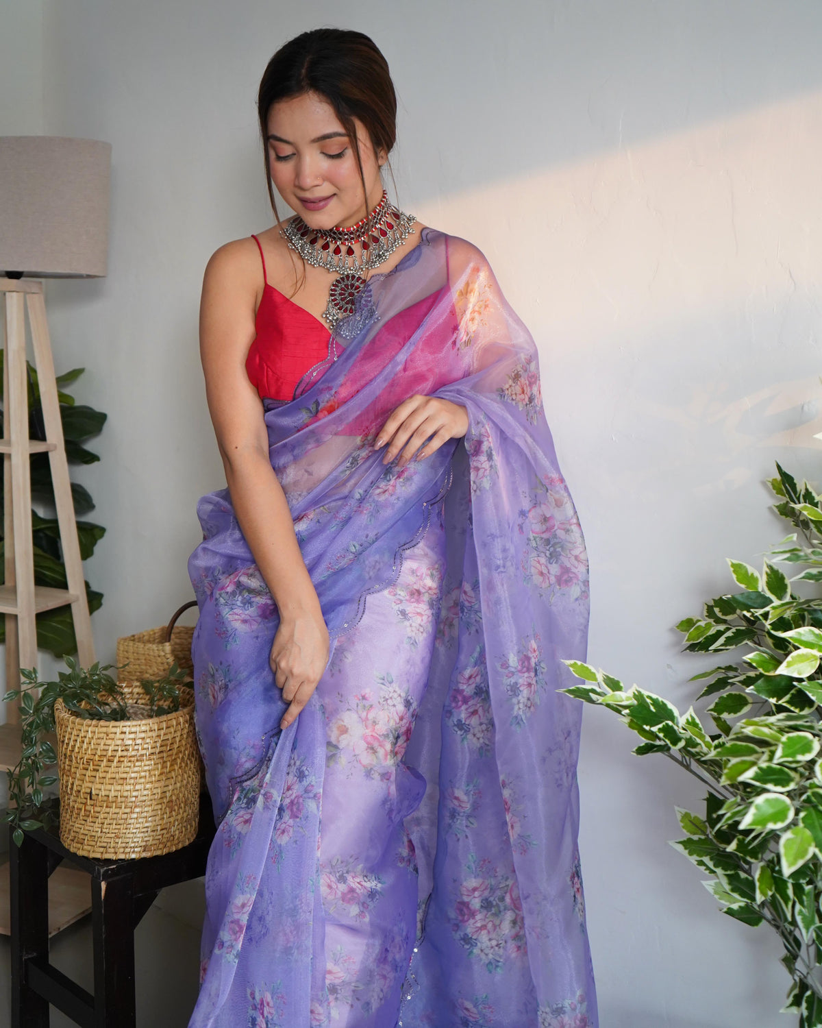 Organza Silk Saree with Floral Print and Raw Silk Blouse - Lavender Organza Silk Saree With Floral Print and Raw Silk Blouse 2