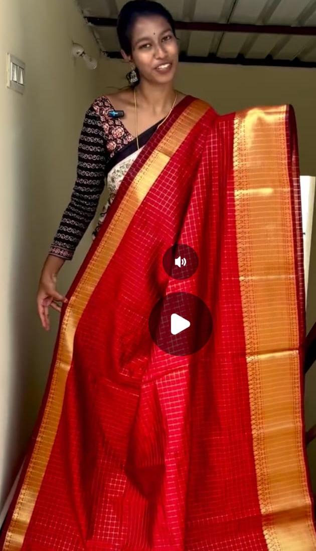 Red Semi Katan gold zari saree detail
