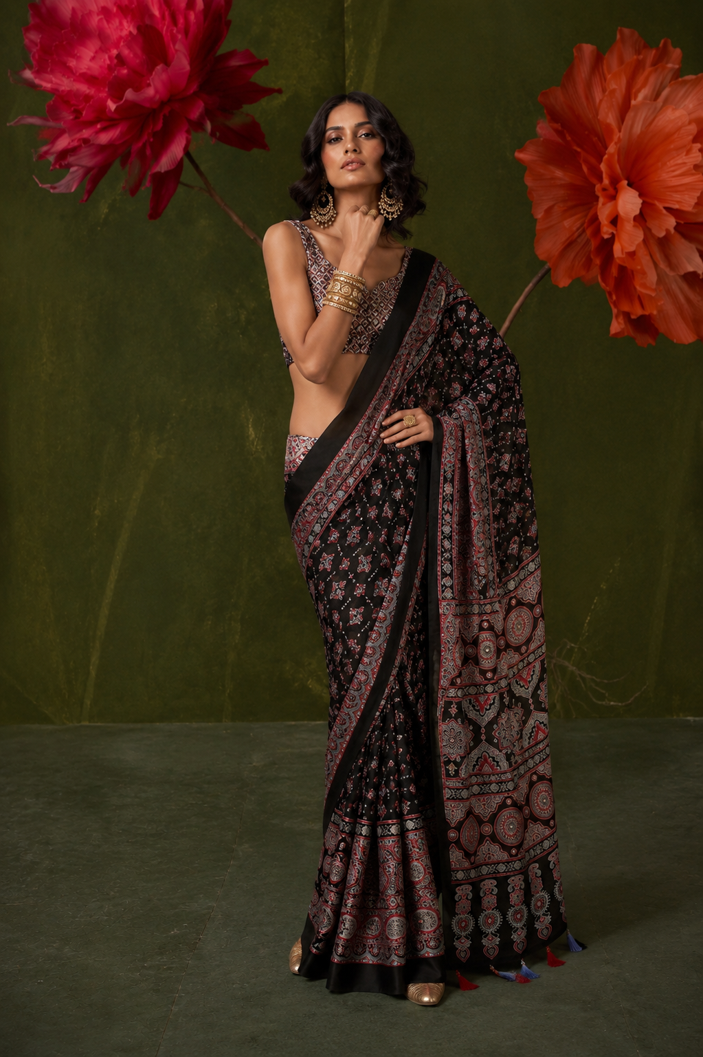 Ajrakh Tulips Pure Moss Satin Saree with Mirror Work - 793d2ce8-ff9f-496e-ba66-972812fd20ec.png