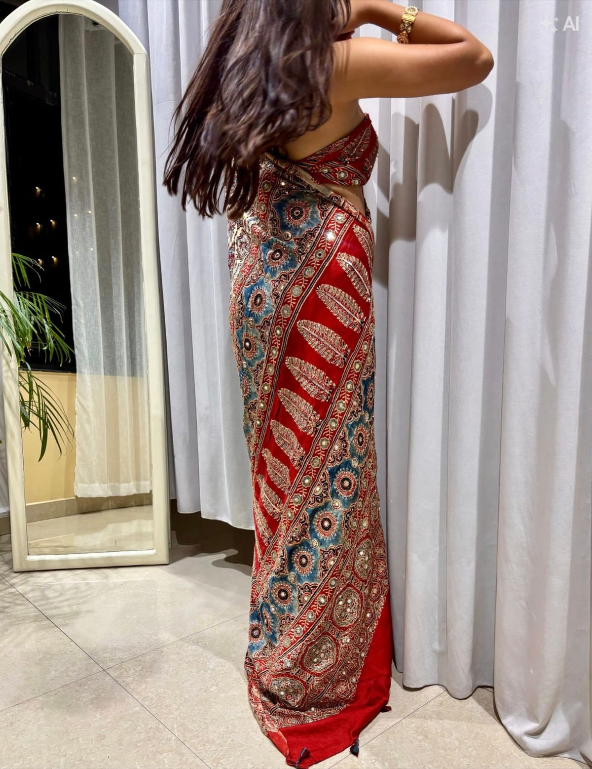 Cream Ajrakh Pure Gajji Saree with Mirror Work - IMG-20260823-WA0150.jpg