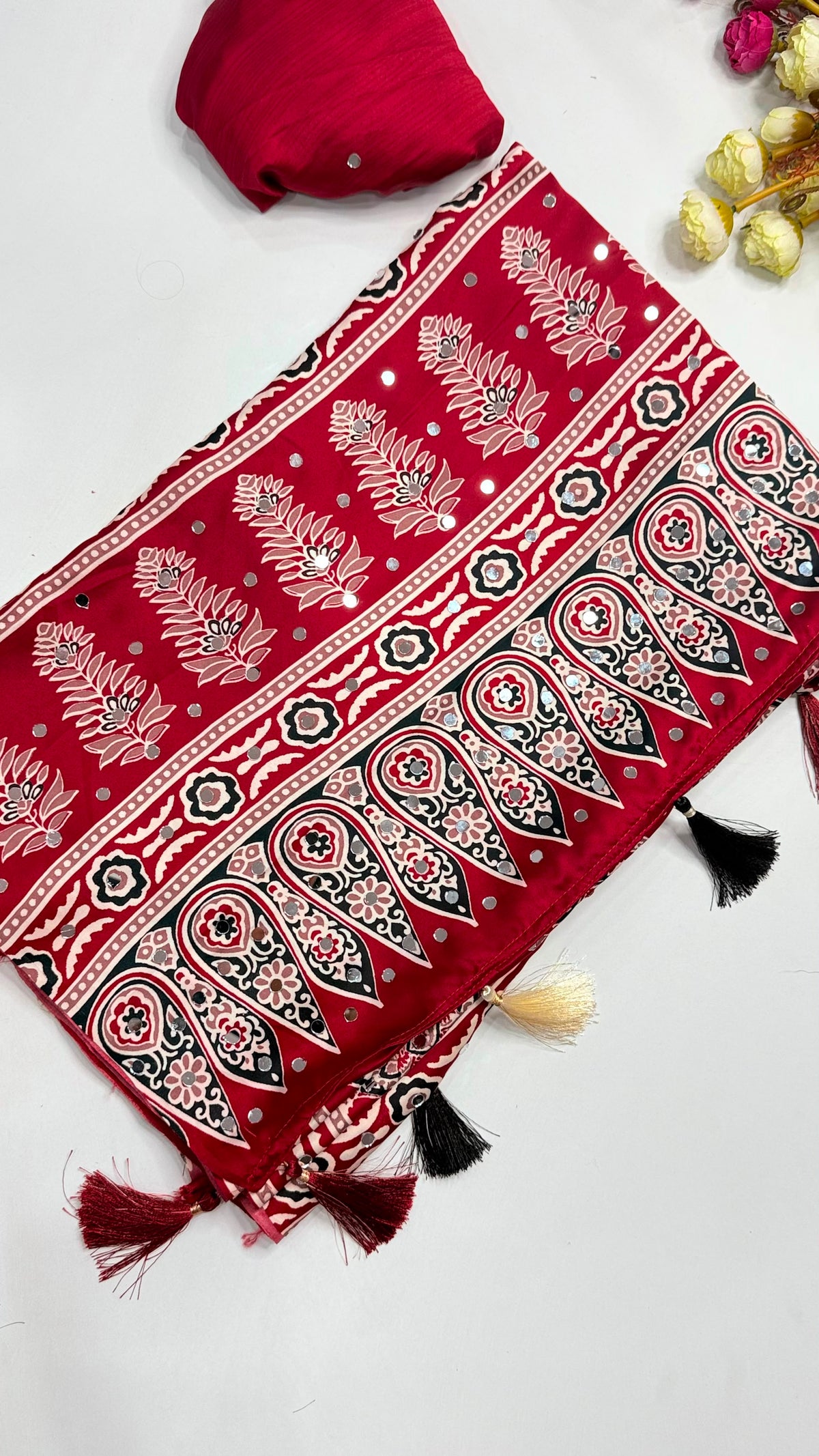 Ajrakh Block Printed Modal Satin Saree with Mirror Work - IMG-20260819-WA0111.jpg