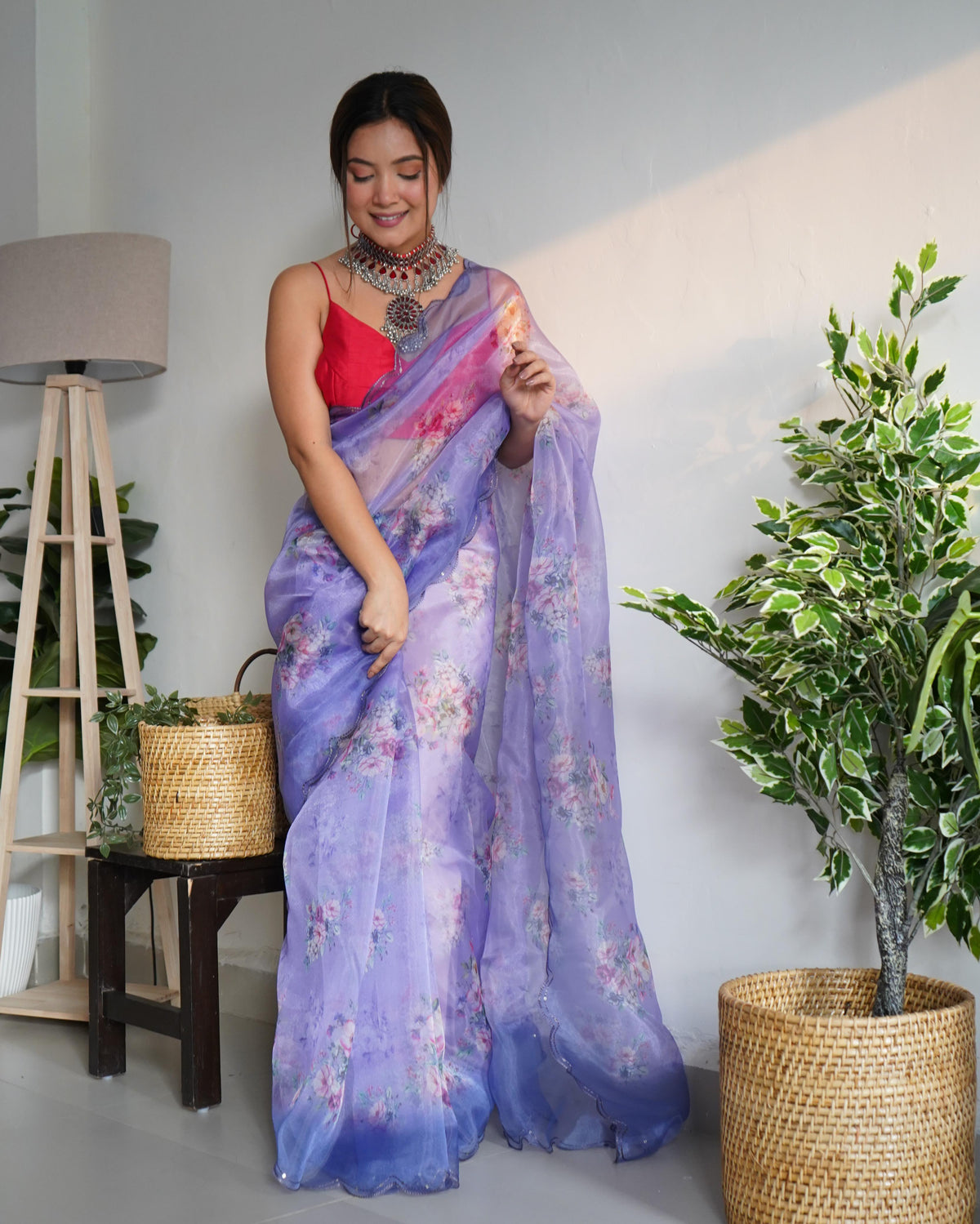 Organza Silk Saree with Floral Print and Raw Silk Blouse - Lavender Organza Silk Saree With Floral Print and Raw Silk Blouse 4