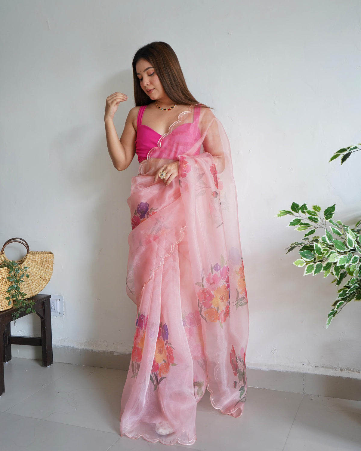 Organza Silk Saree with Floral Print and Raw Silk Blouse - Peach Organza Silk Saree With Floral Print and Raw Silk Blouse 2