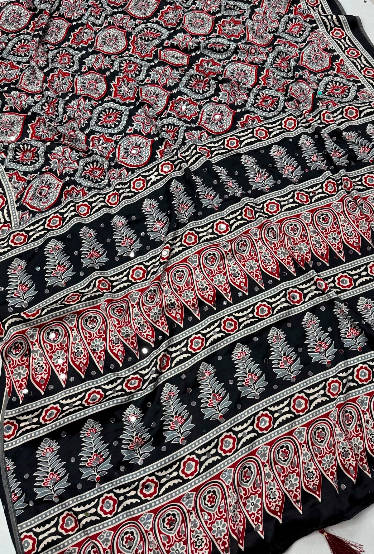 Ajrakh Block Printed Modal Satin Saree with Mirror Work - IMG-20260819-WA0118.jpg
