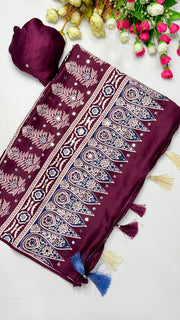 Ajrakh Block Printed Modal Satin Saree with Mirror Work - IMG-20260818-WA0088.jpg