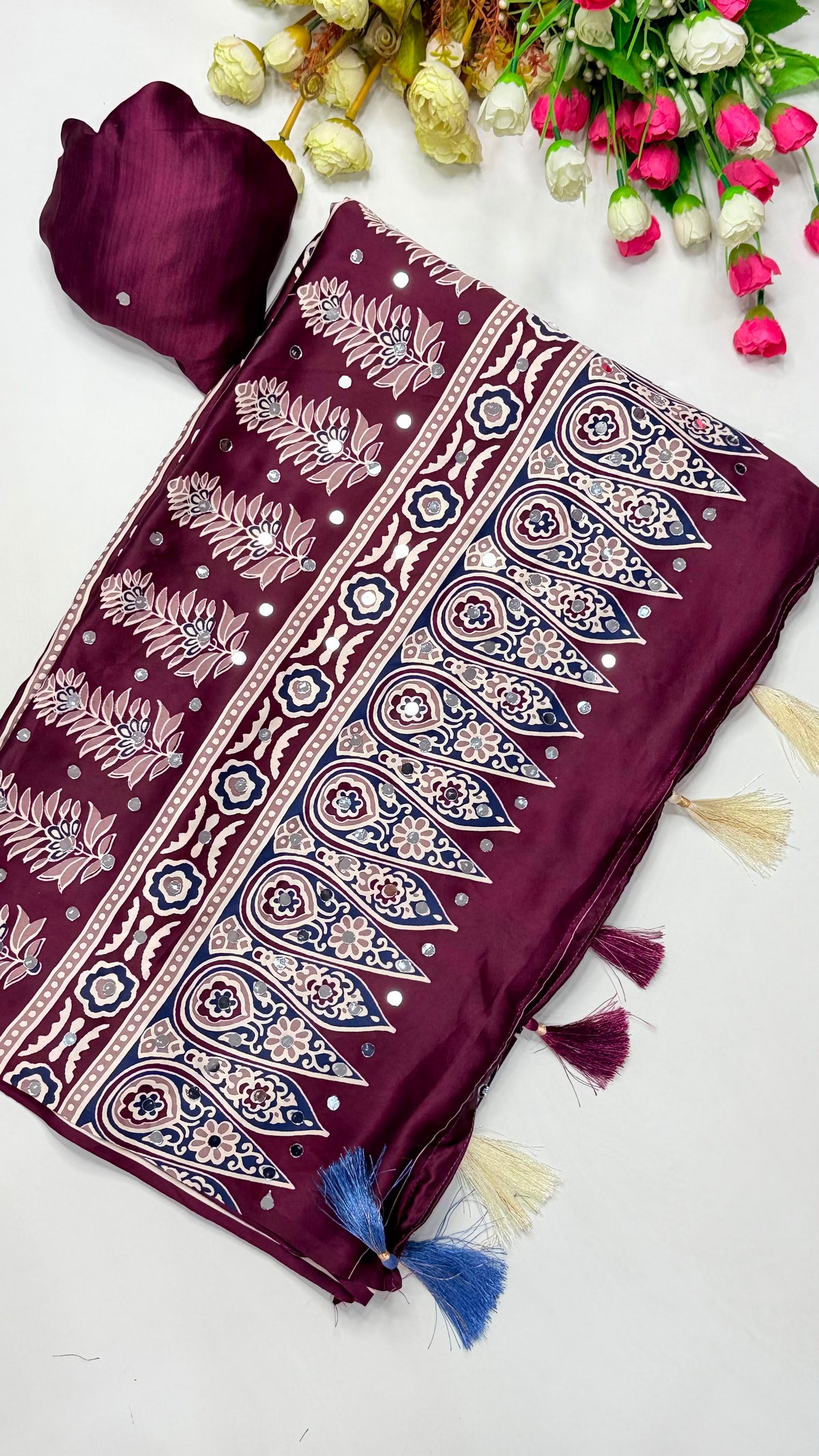 Ajrakh Block Printed Modal Satin Saree with Mirror Work - IMG-20260818-WA0088.jpg