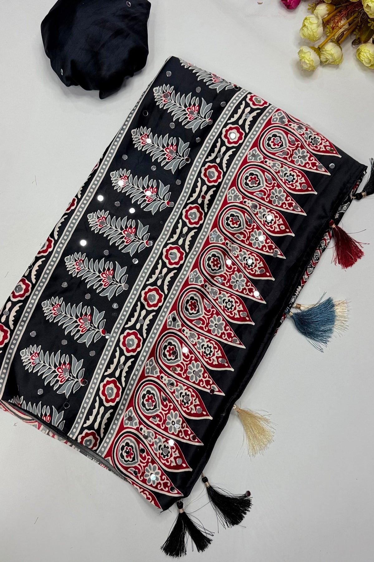 Ajrakh Block Printed Modal Satin Saree with Mirror Work - IMG-20260819-WA0117.jpg