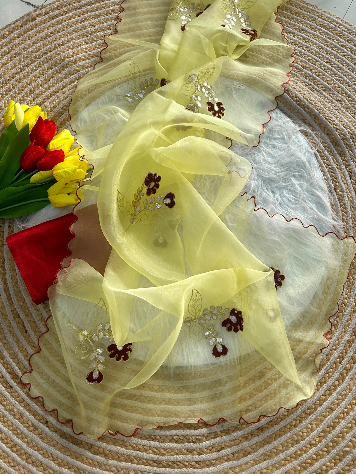 Embroidered Organza Silk Saree with Raw Silk Blouse - Yellow Embroided Organza Silk Saree With Raw Silk Blouse 2