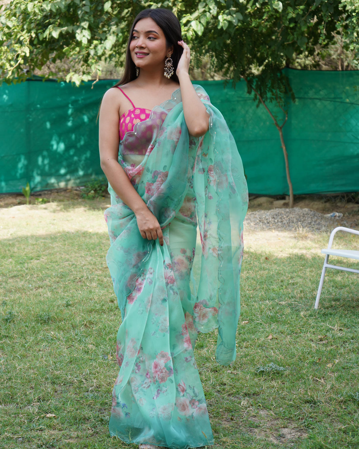 Organza Silk Saree with Floral Print and Raw Silk Blouse - Turquoise Blue Organza Silk Saree With Floral Print and Raw Silk Blouse 3