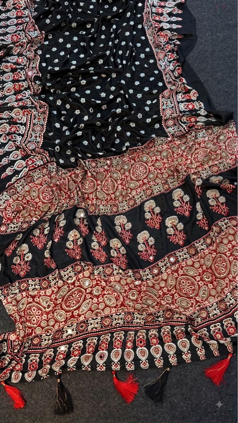 Black Ajrakh Print Moss Satin Saree with Mirror Work - IMG-20260819-WA0056(2).jpg