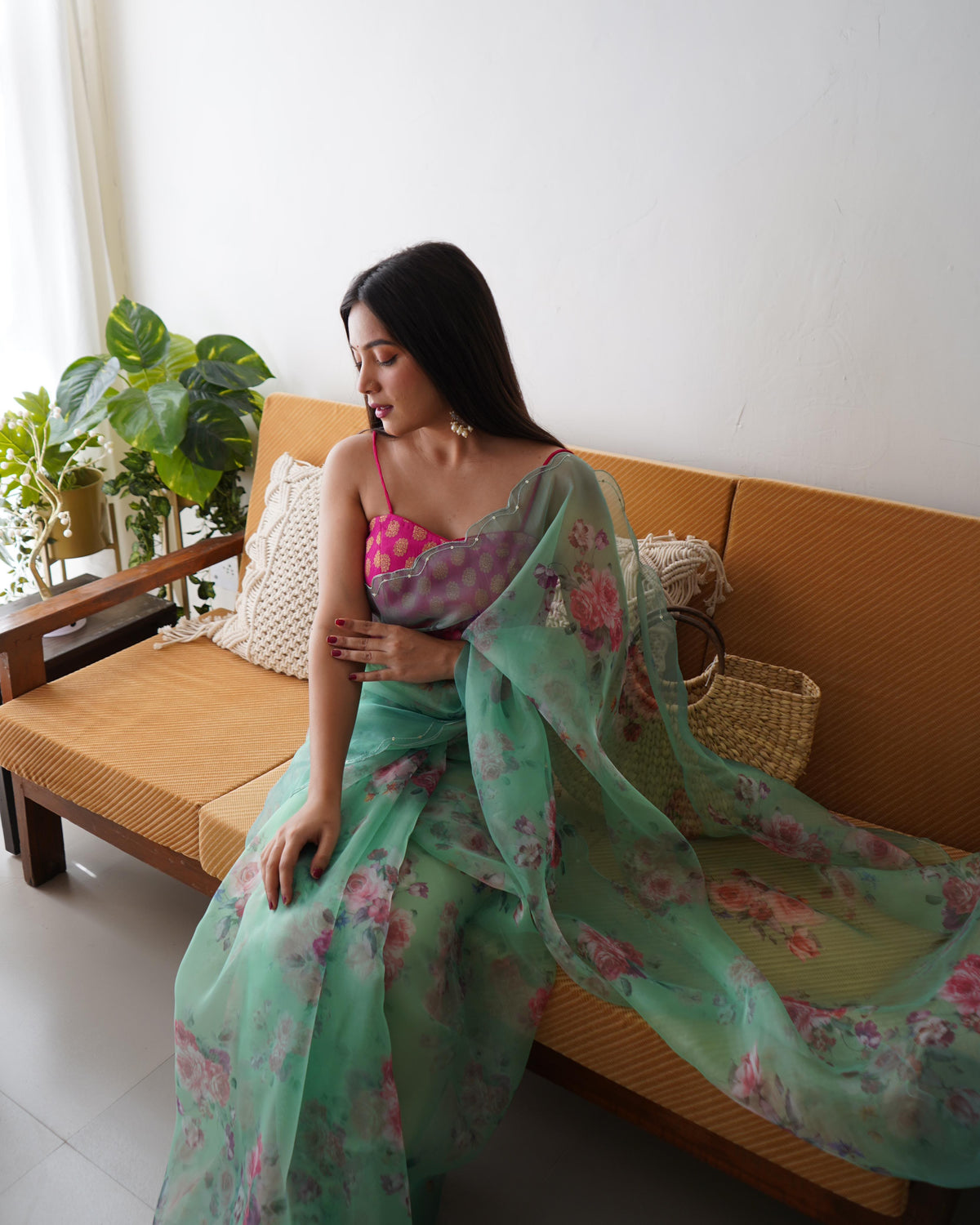 Organza Silk Saree with Floral Print and Raw Silk Blouse - Turquoise Blue Organza Silk Saree With Floral Print and Raw Silk Blouse 4